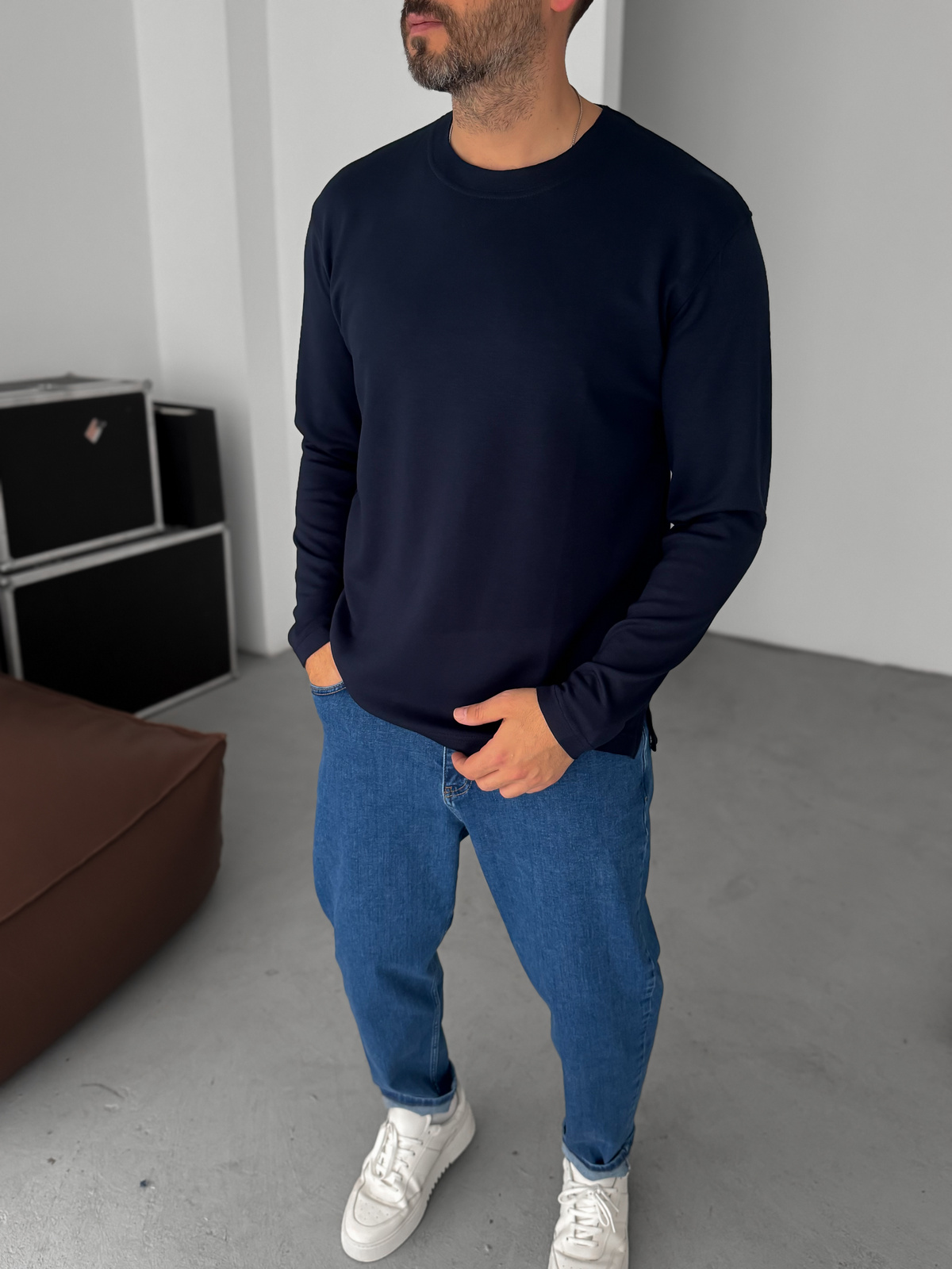 Lacivert Modal Kumaş Likralı Slim Fit Sweatshirt BY-725