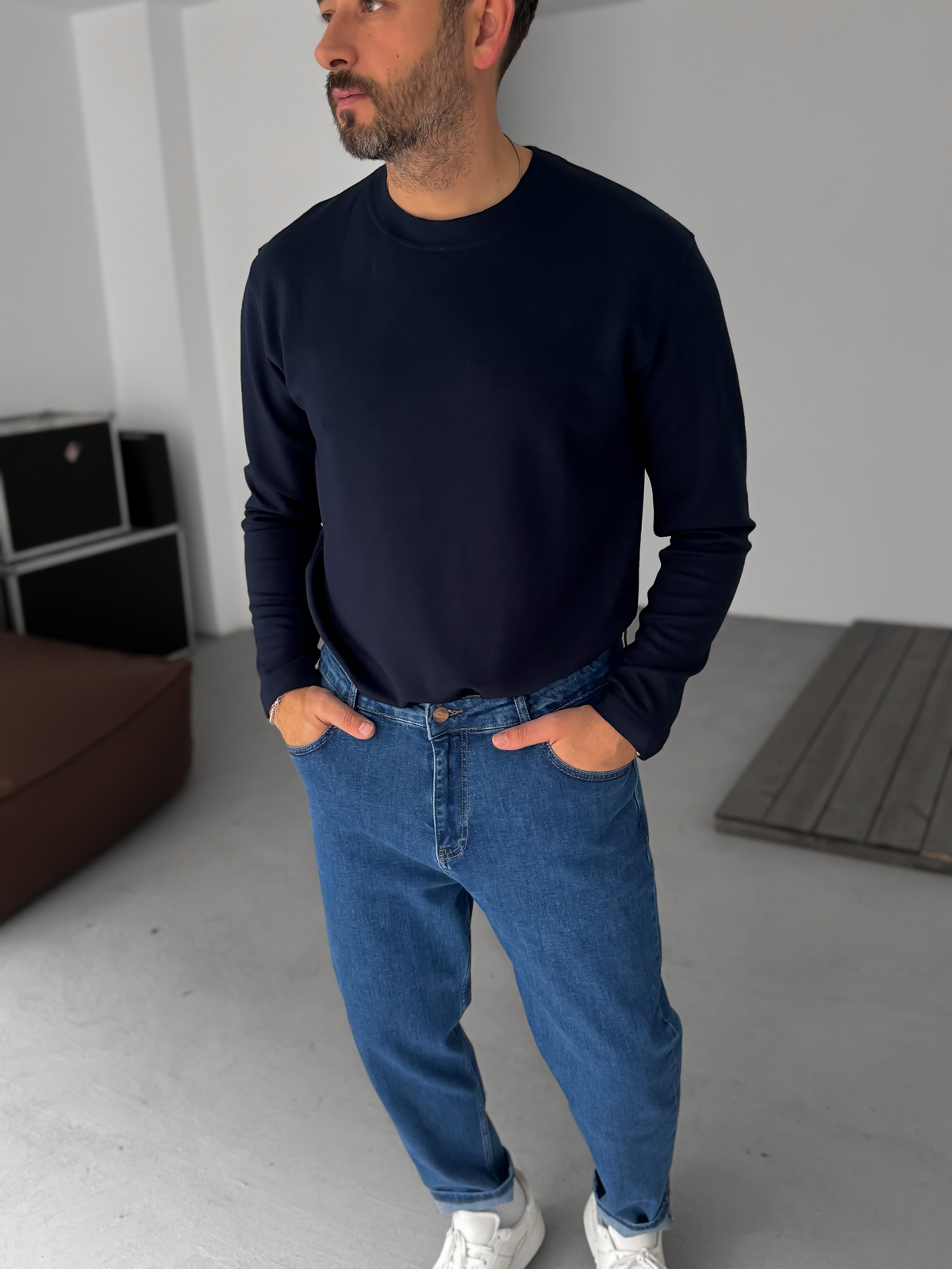 Lacivert Modal Kumaş Likralı Slim Fit Sweatshirt BY-725