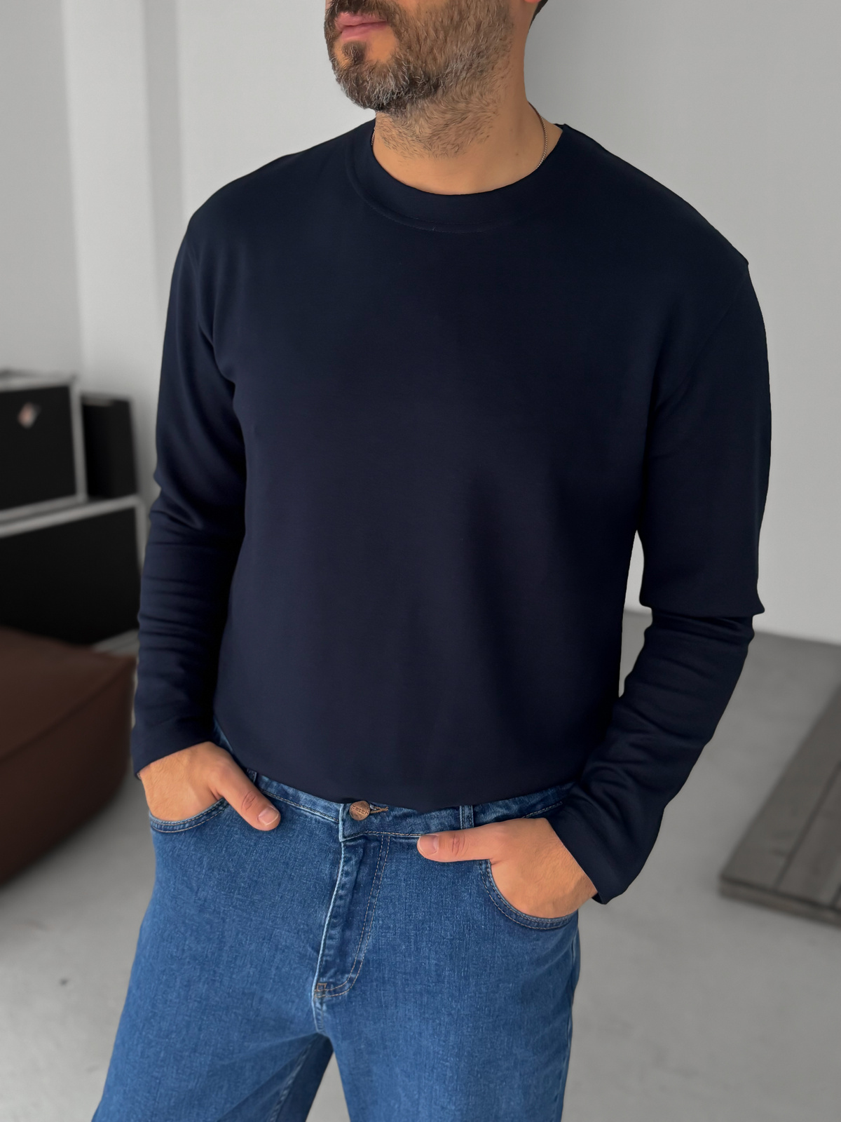 Lacivert Modal Kumaş Likralı Slim Fit Sweatshirt BY-725