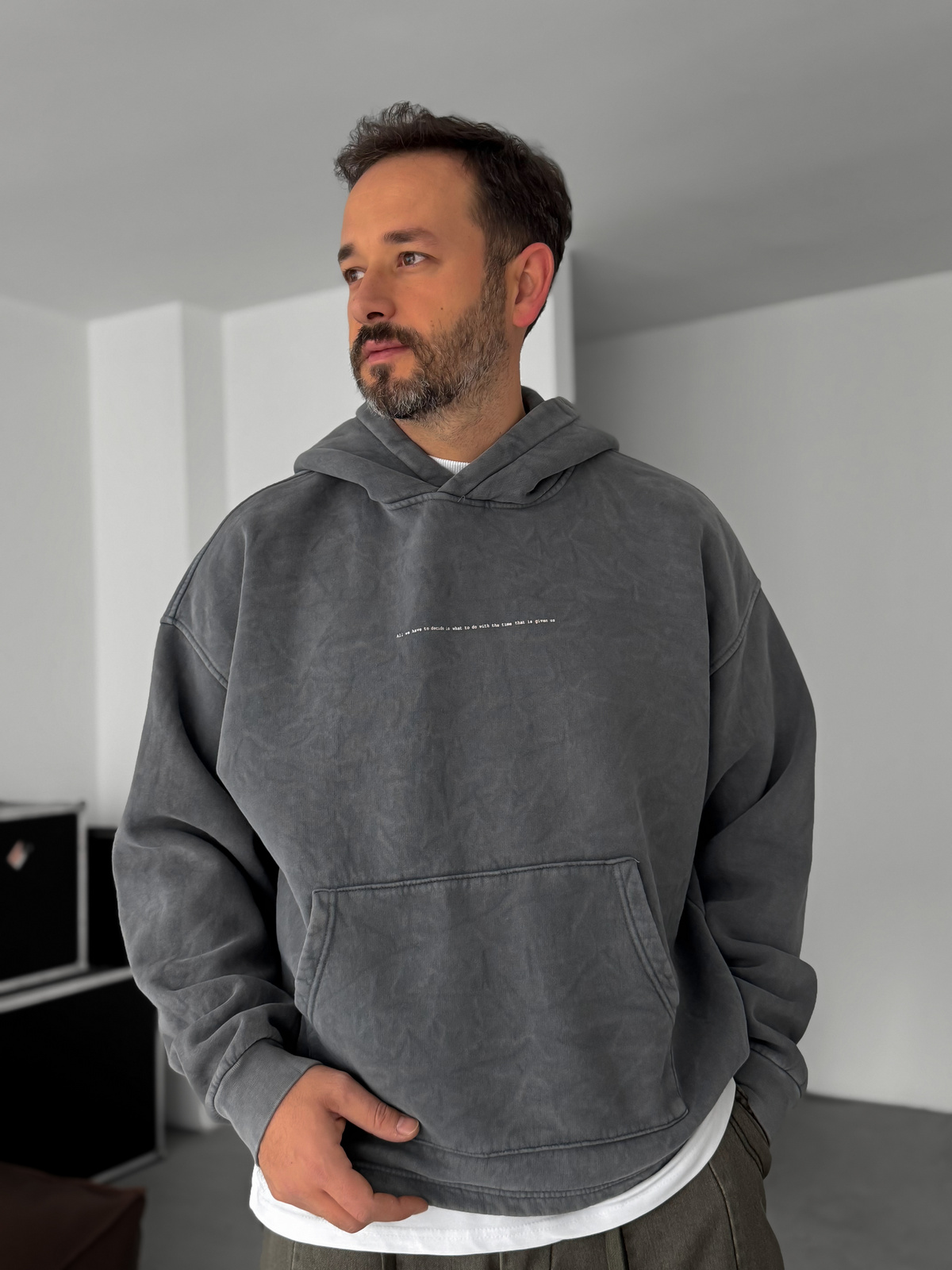Antrasit Baskılı Kapüşonlu Sweatshirt C-4622