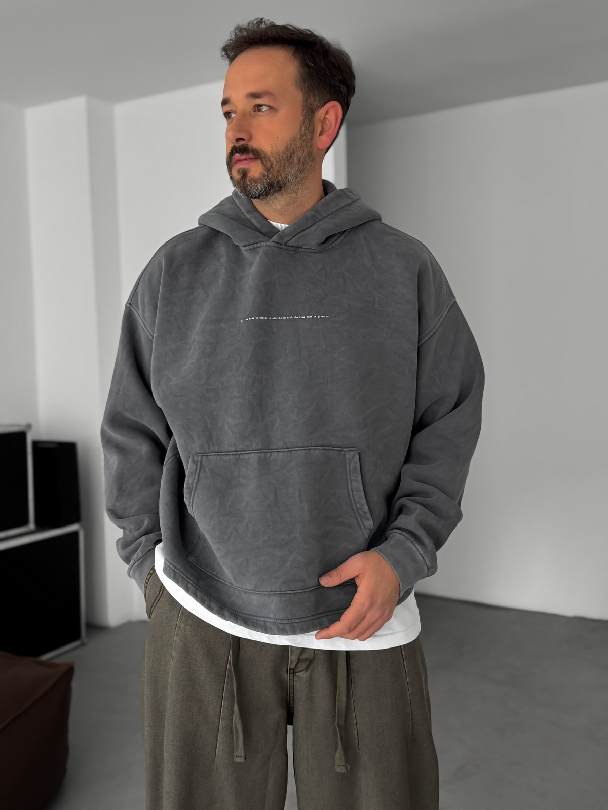 Antrasit Baskılı Kapüşonlu Sweatshirt C-4622