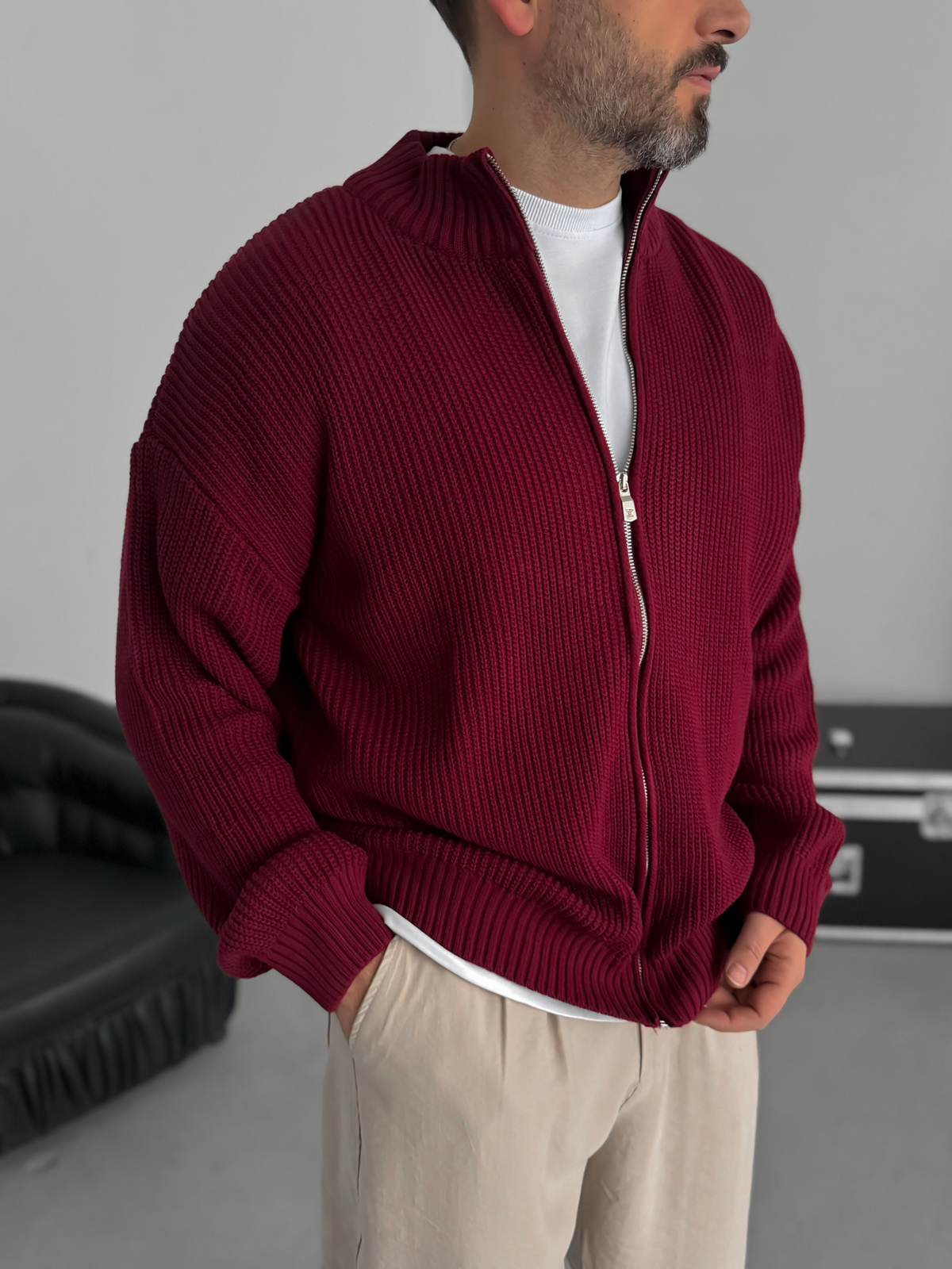 Bordo Fermuarlı Triko Örme Hırka JJ-181