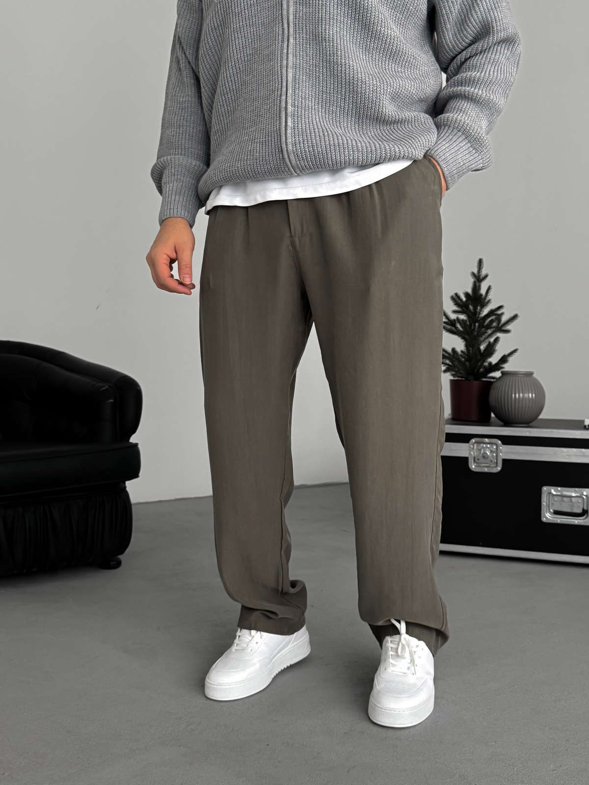 Haki Pileli Tensel Kumaş Baggy Pantolon KE-1300