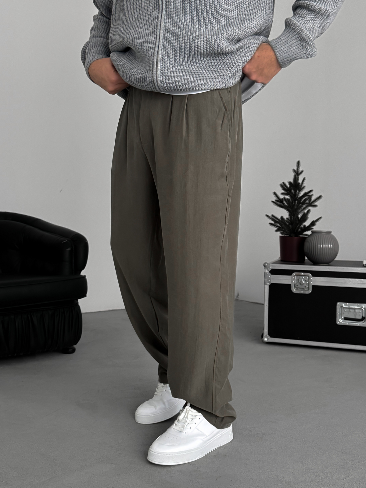 Haki Pileli Tensel Kumaş Baggy Pantolon KE-1300