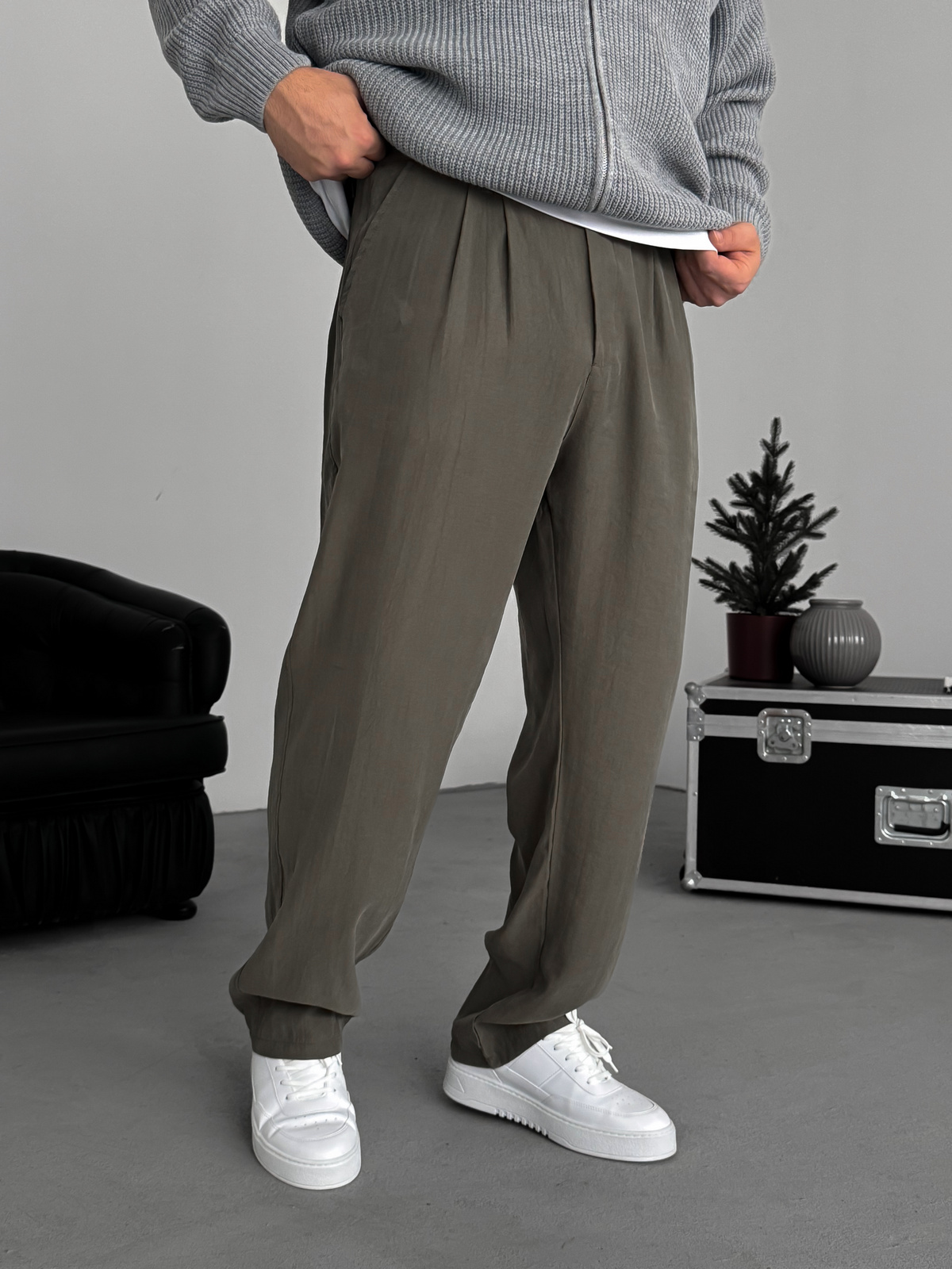 Haki Pileli Tensel Kumaş Baggy Pantolon KE-1300