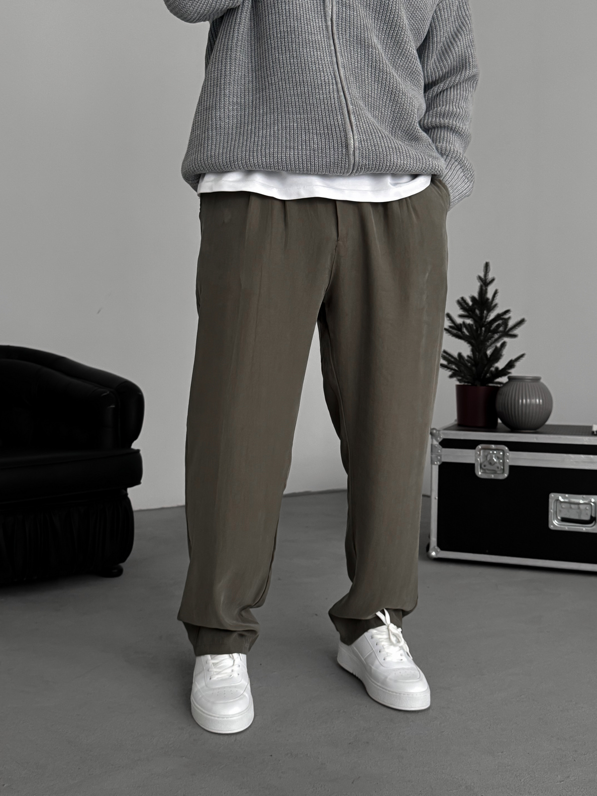Haki Pileli Tensel Kumaş Baggy Pantolon KE-1300