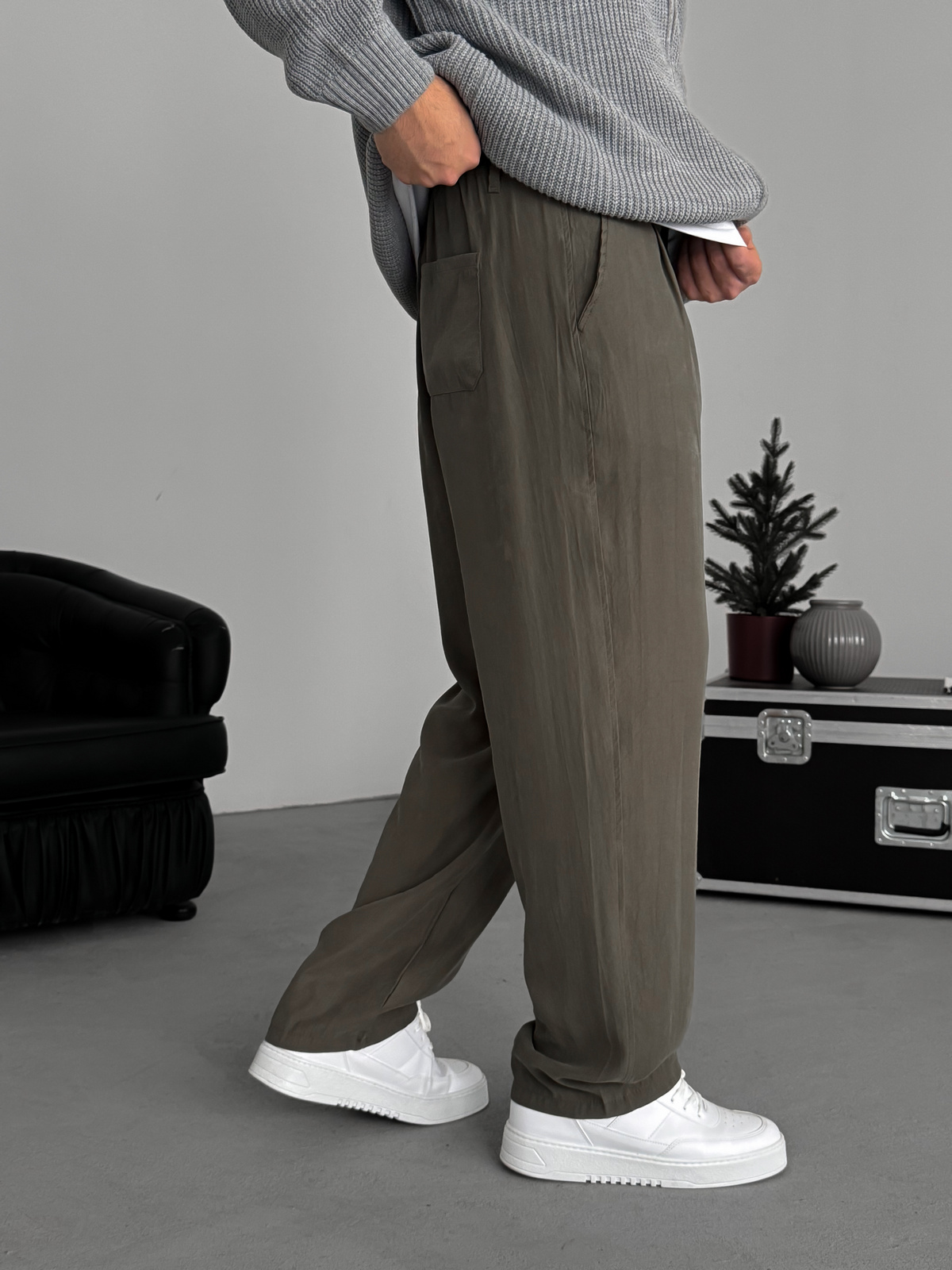 Haki Pileli Tensel Kumaş Baggy Pantolon KE-1300