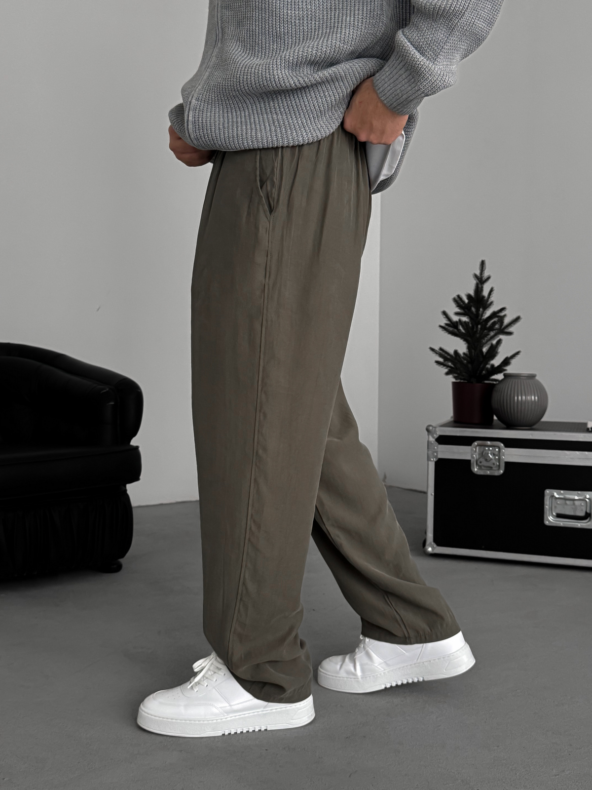 Haki Pileli Tensel Kumaş Baggy Pantolon KE-1300
