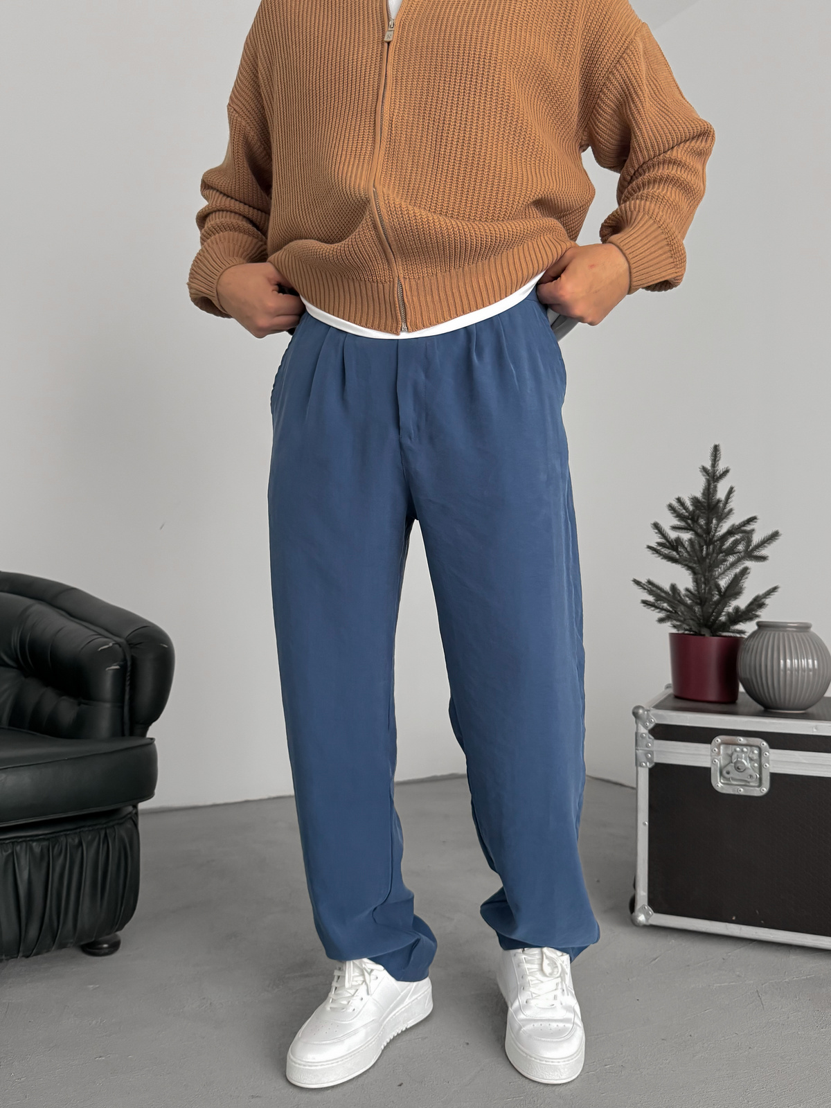 Lacivert Pileli Tensel Kumaş Baggy Pantolon KE-1300