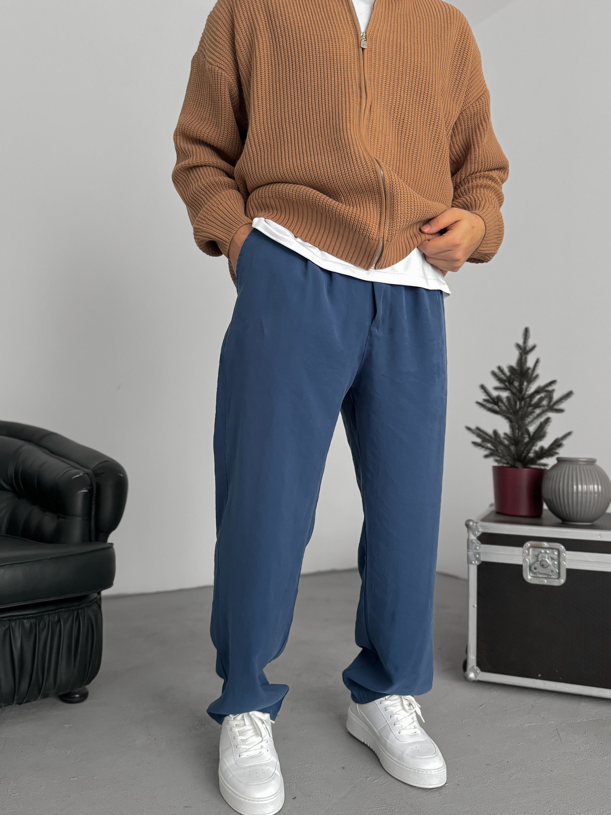 Lacivert Pileli Tensel Kumaş Baggy Pantolon KE-1300