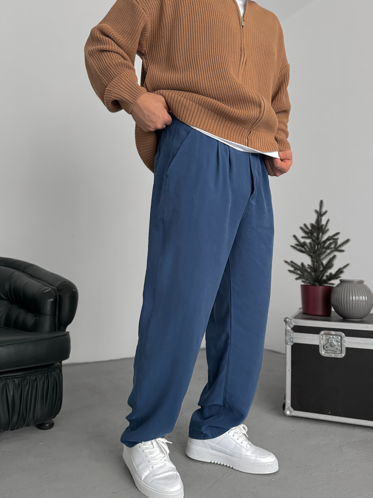 Lacivert Pileli Tensel Kumaş Baggy Pantolon KE-1300