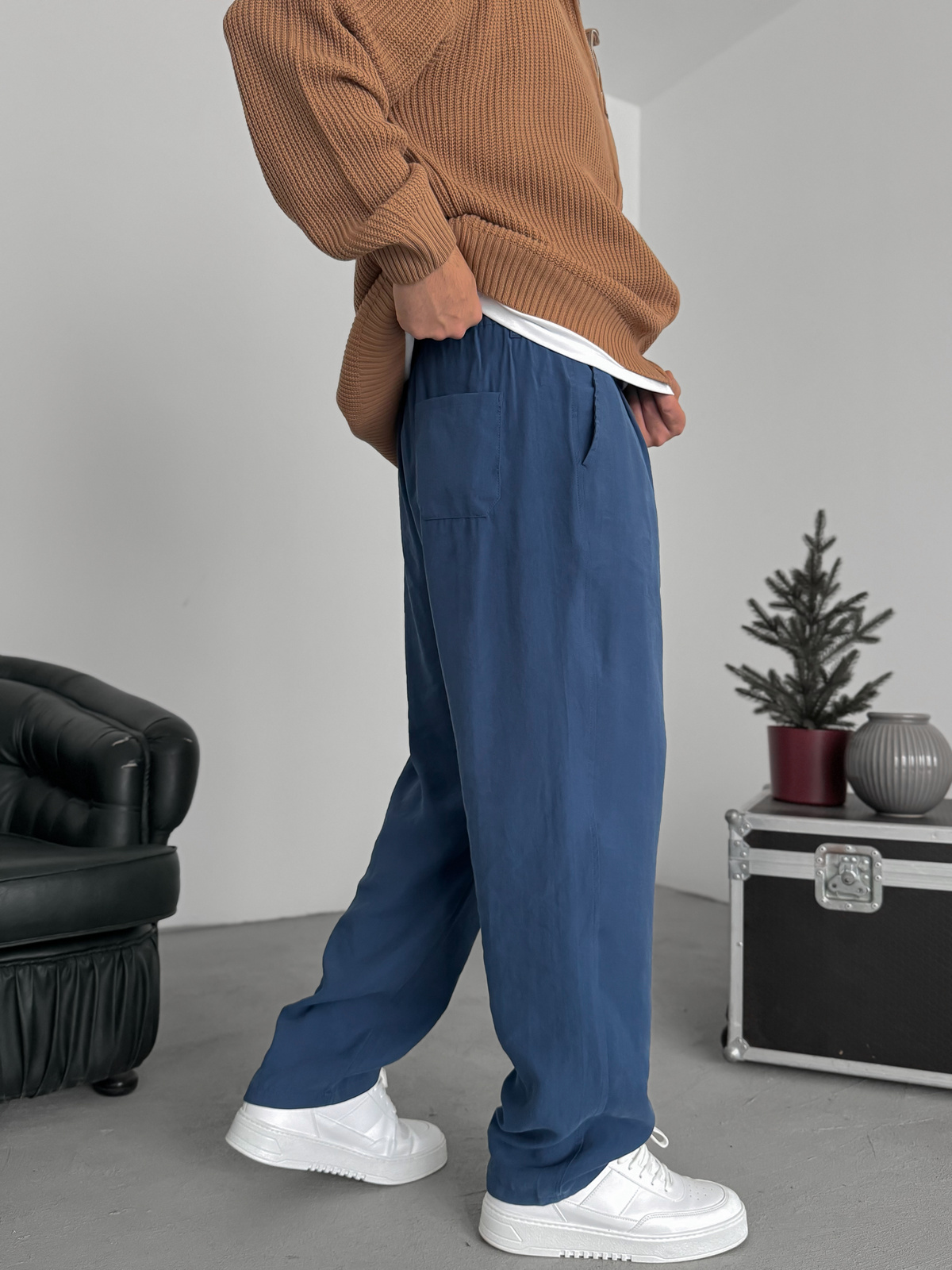 Lacivert Pileli Tensel Kumaş Baggy Pantolon KE-1300