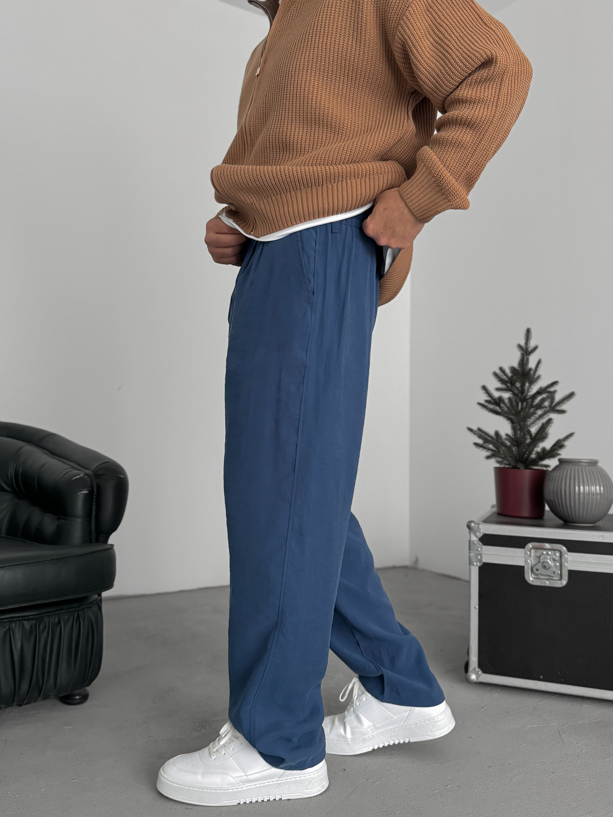 Lacivert Pileli Tensel Kumaş Baggy Pantolon KE-1300