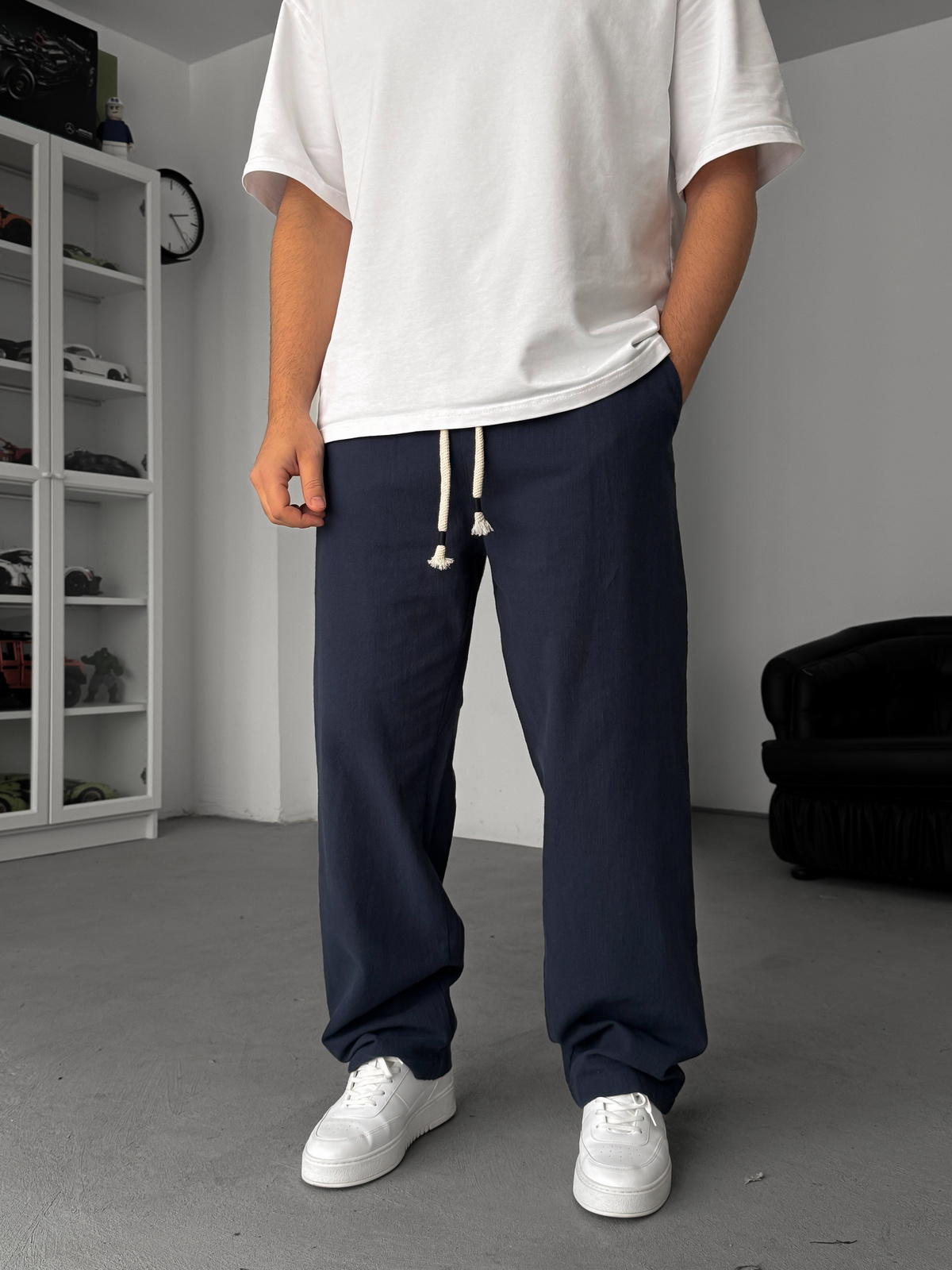 Lacivert Keten Dokulu Baggy Pantolon TW-1008