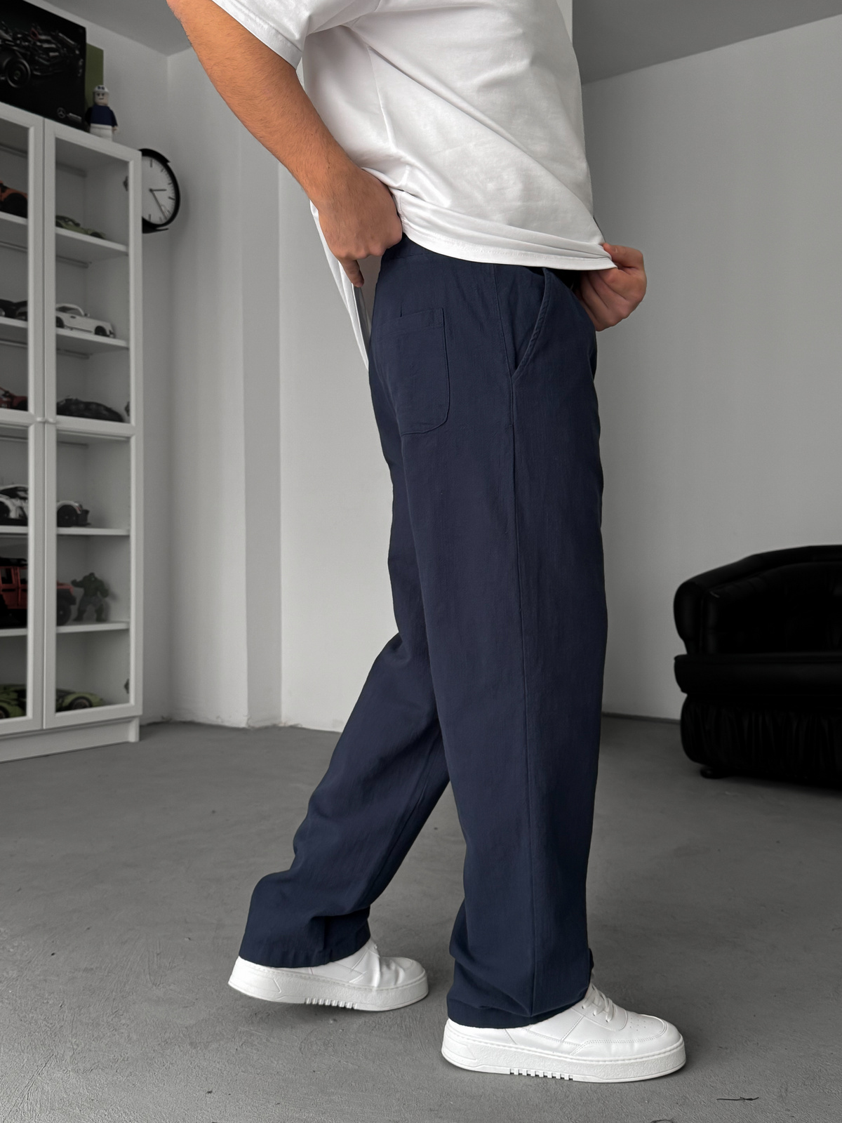 Lacivert Keten Dokulu Baggy Pantolon TW-1008