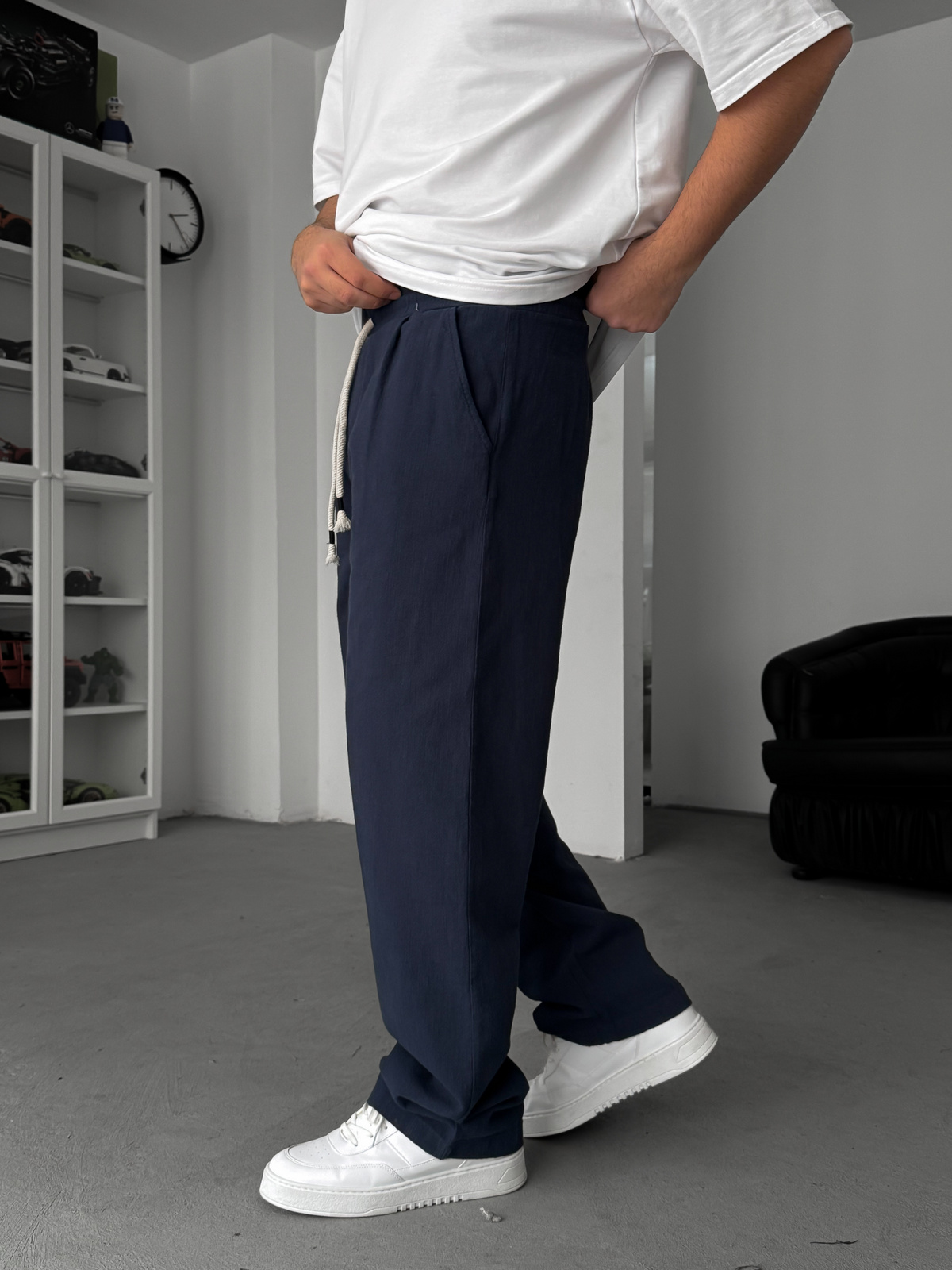 Lacivert Keten Dokulu Baggy Pantolon TW-1008