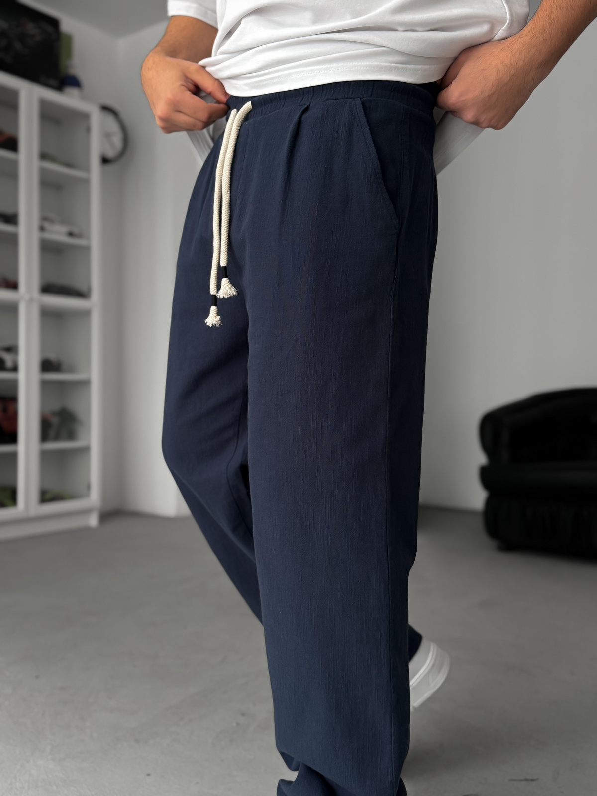Lacivert Keten Dokulu Baggy Pantolon TW-1008