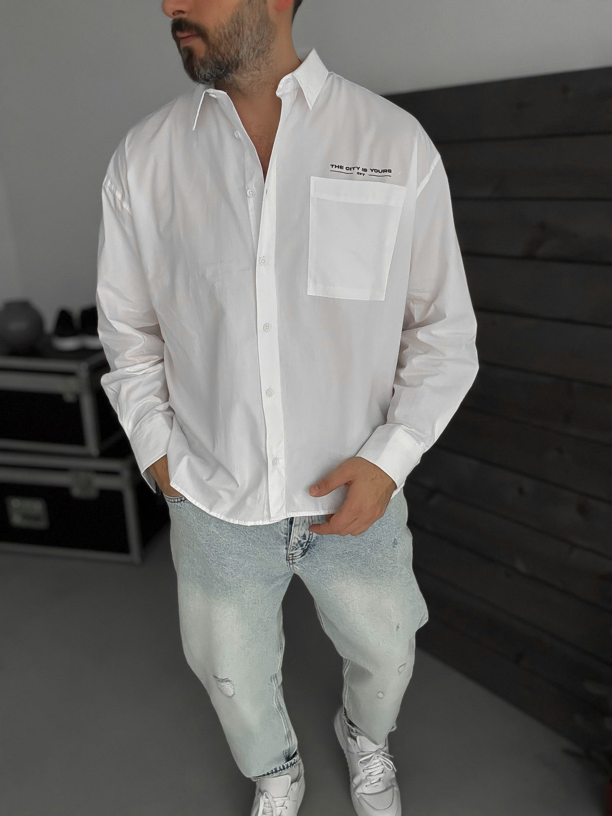 Beyaz Baskılı Oversize Gömlek TW-1057