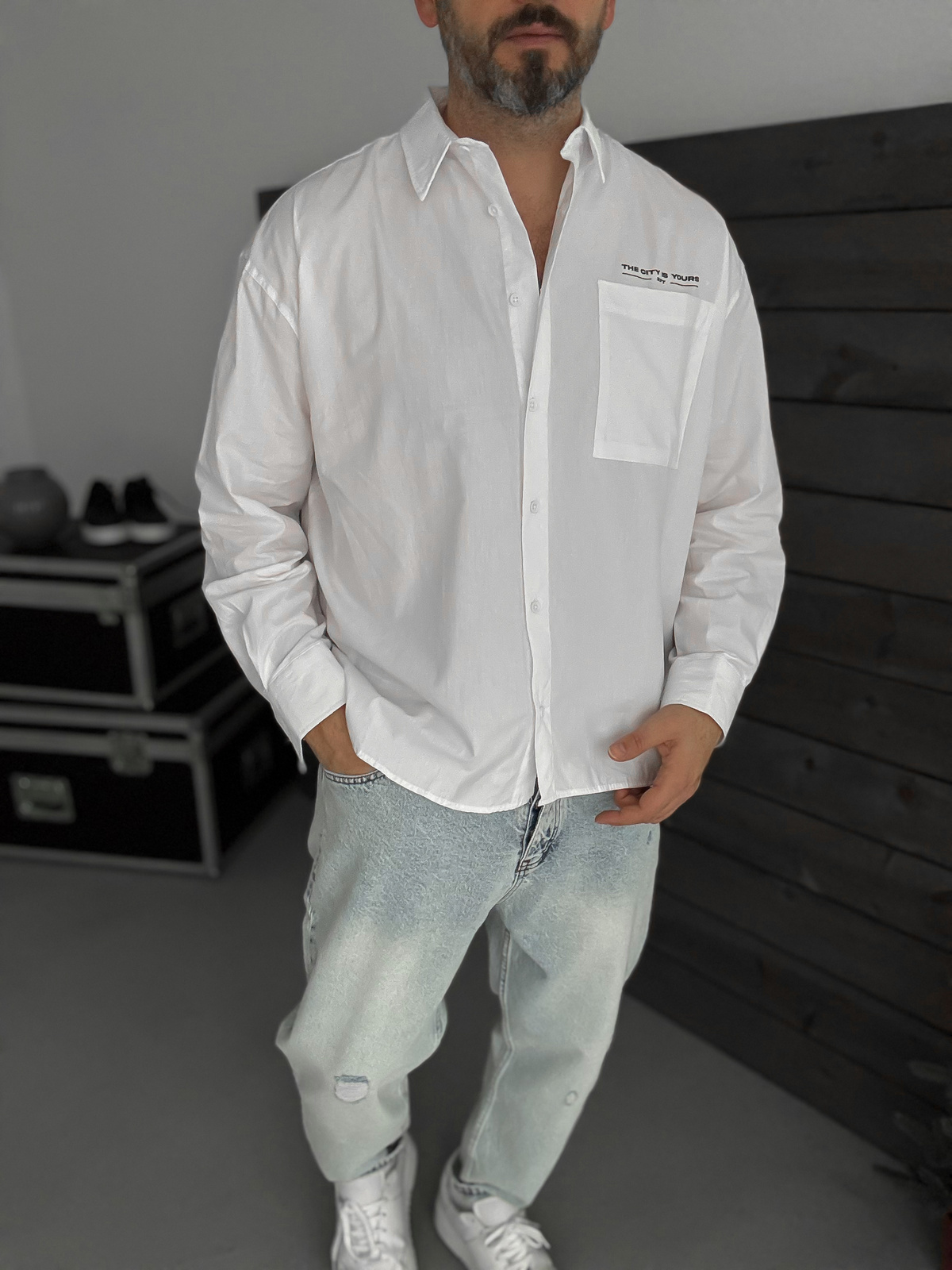 Beyaz Baskılı Oversize Gömlek TW-1057