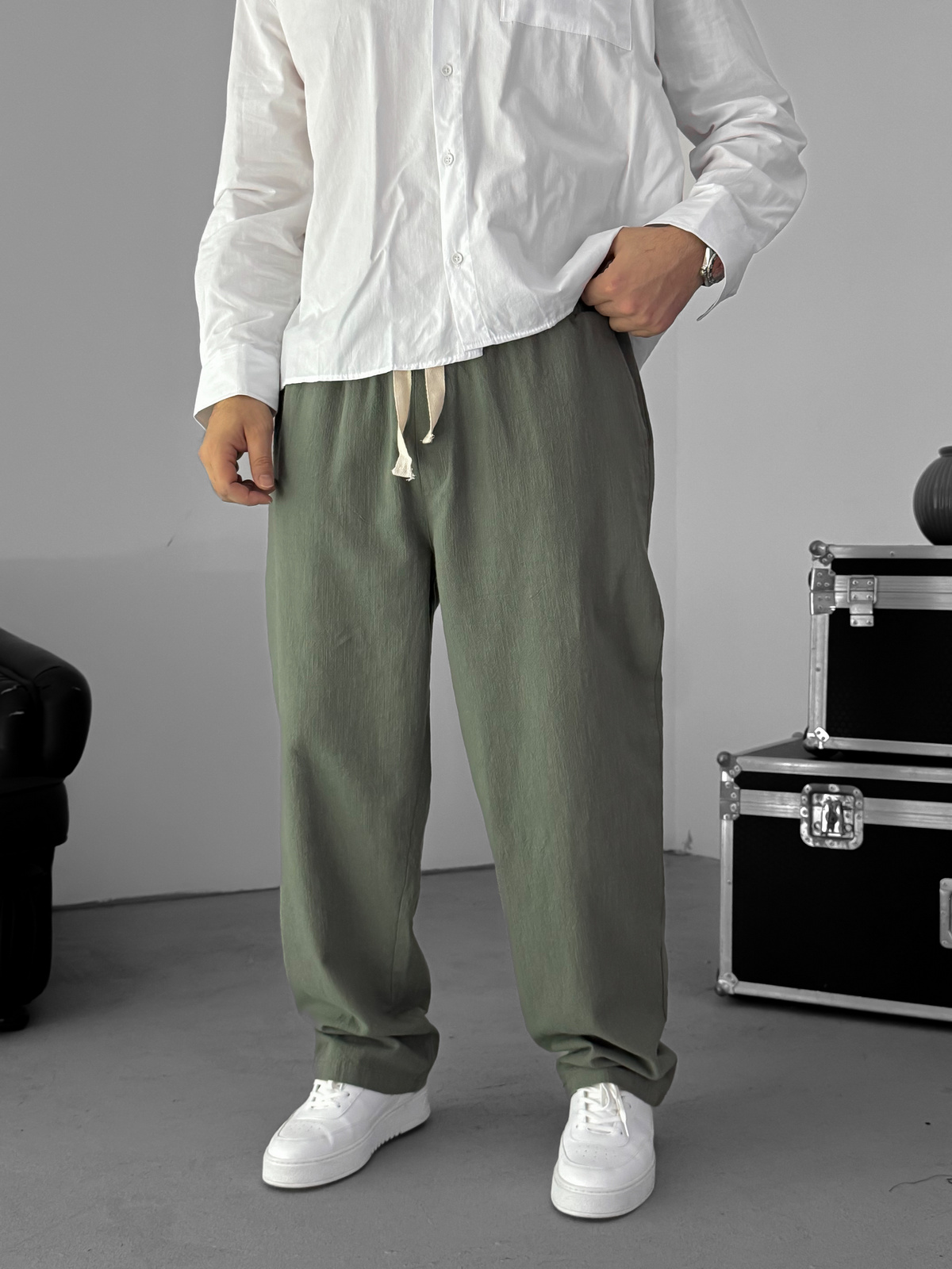 Haki Baggy Pamuk Keten Pantolon G-5790
