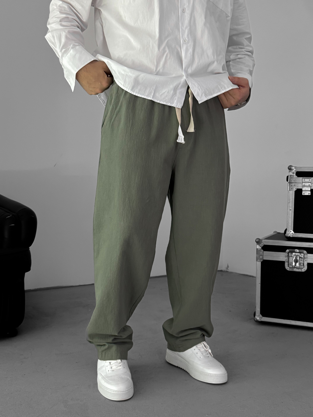 Haki Baggy Pamuk Keten Pantolon G-5790
