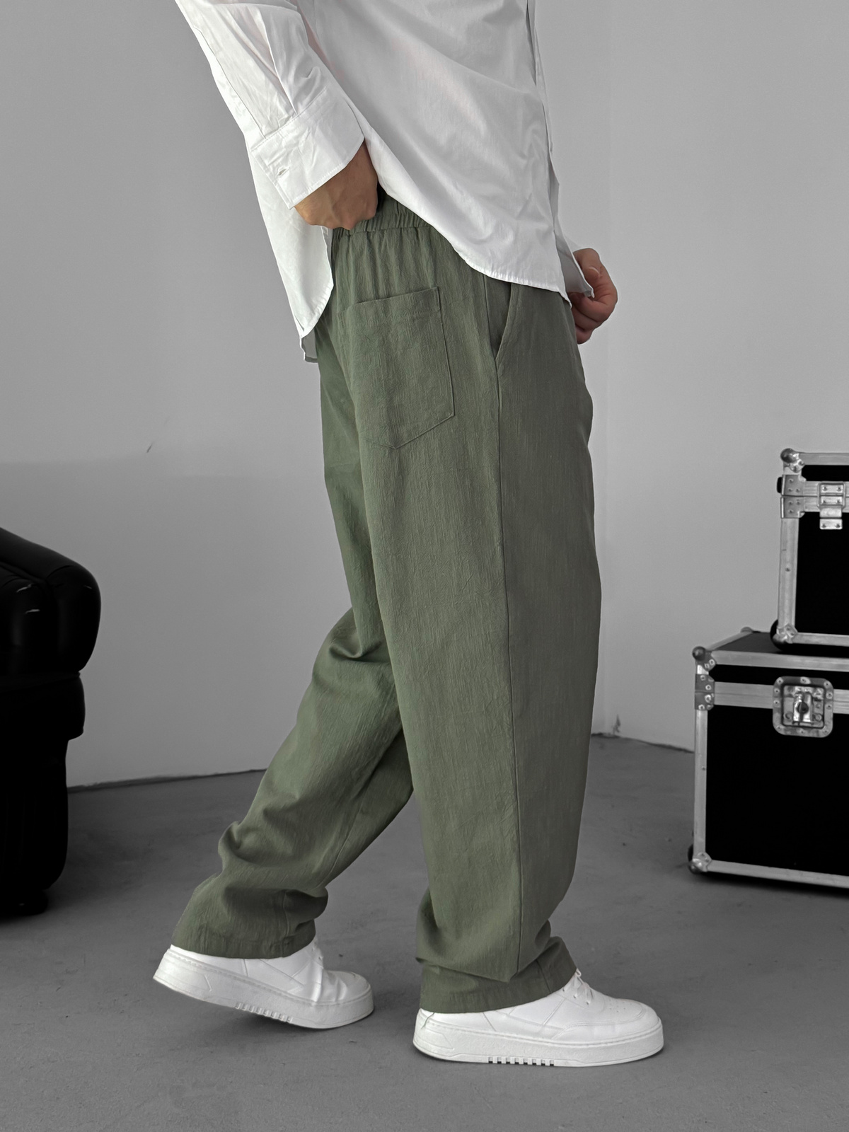 Haki Baggy Pamuk Keten Pantolon G-5790