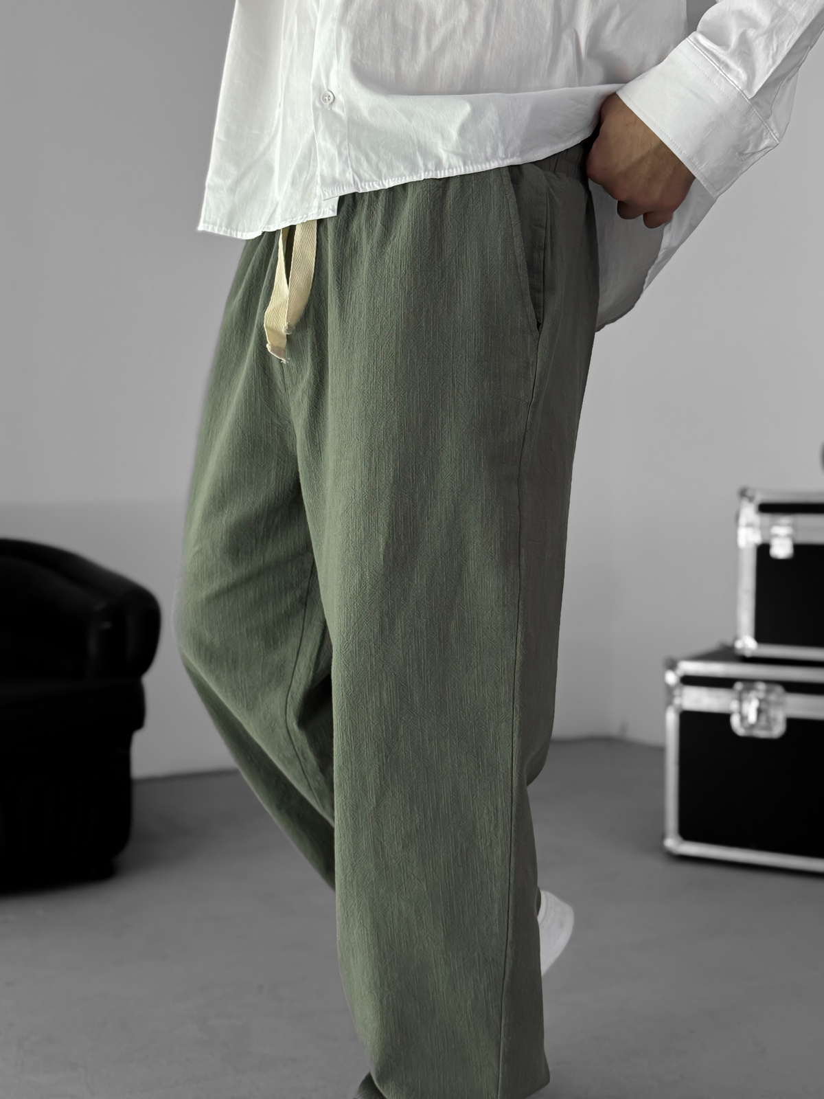 Haki Baggy Pamuk Keten Pantolon G-5790