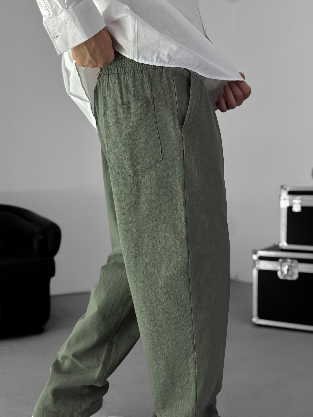Haki Baggy Pamuk Keten Pantolon G-5790