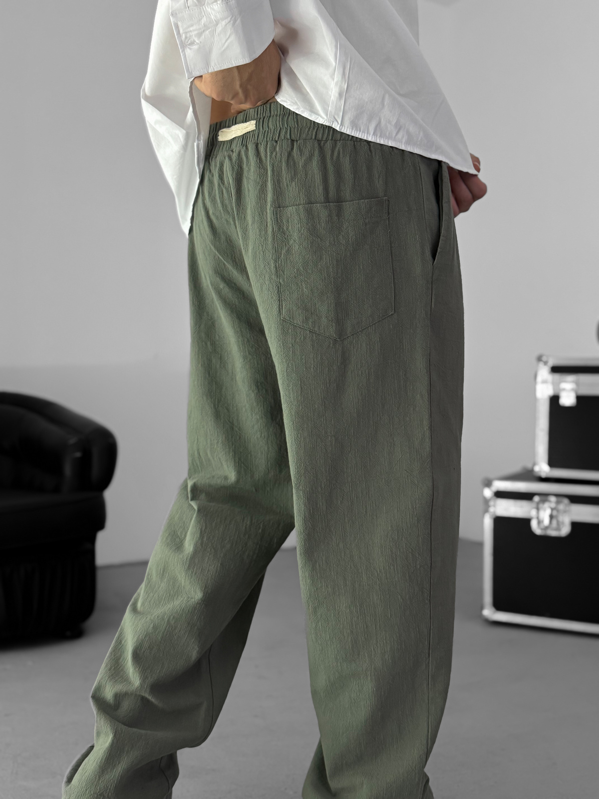 Haki Baggy Pamuk Keten Pantolon G-5790