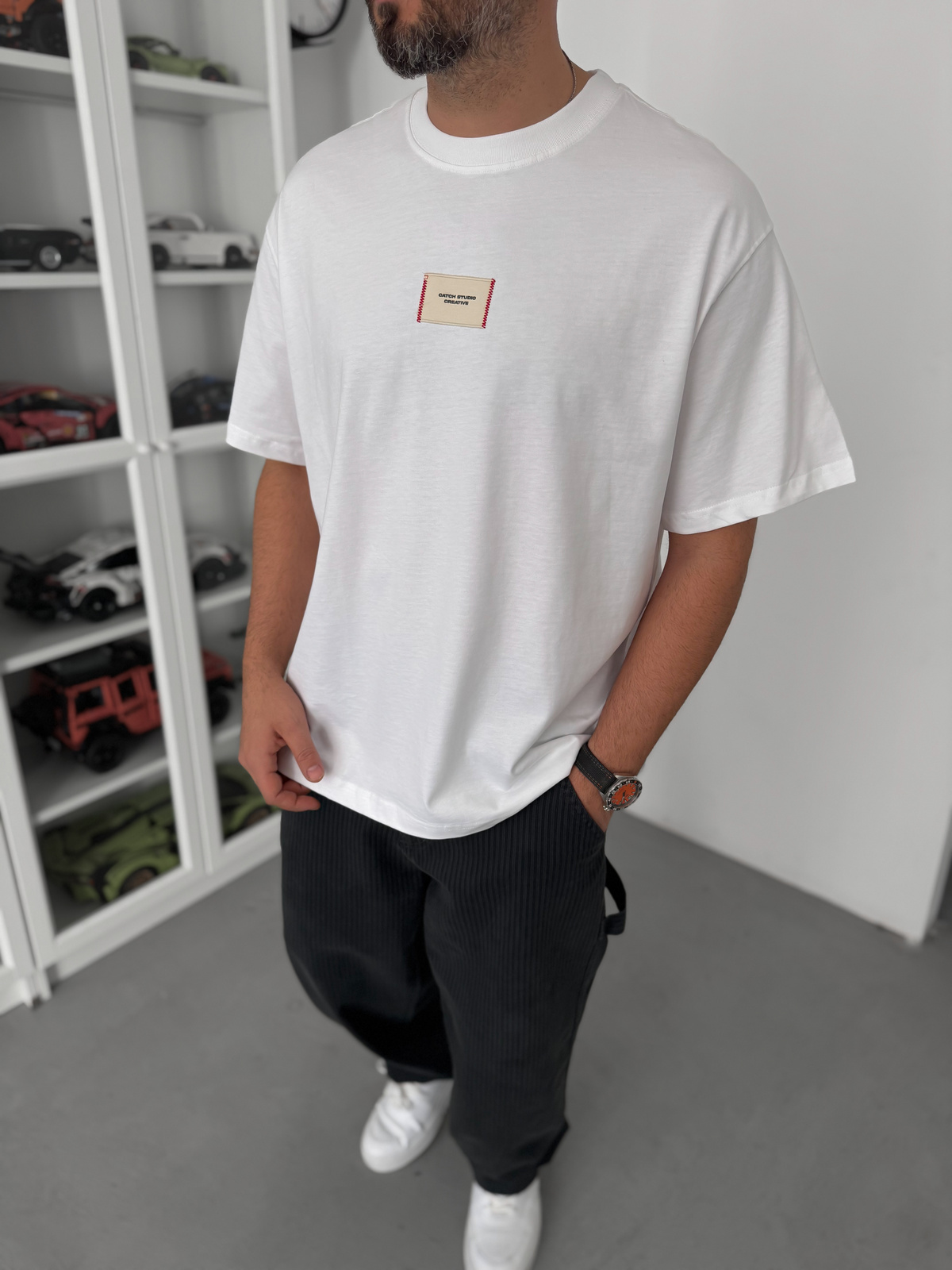 Beyaz Hasır Patchli Oversize T-Shirt C-023