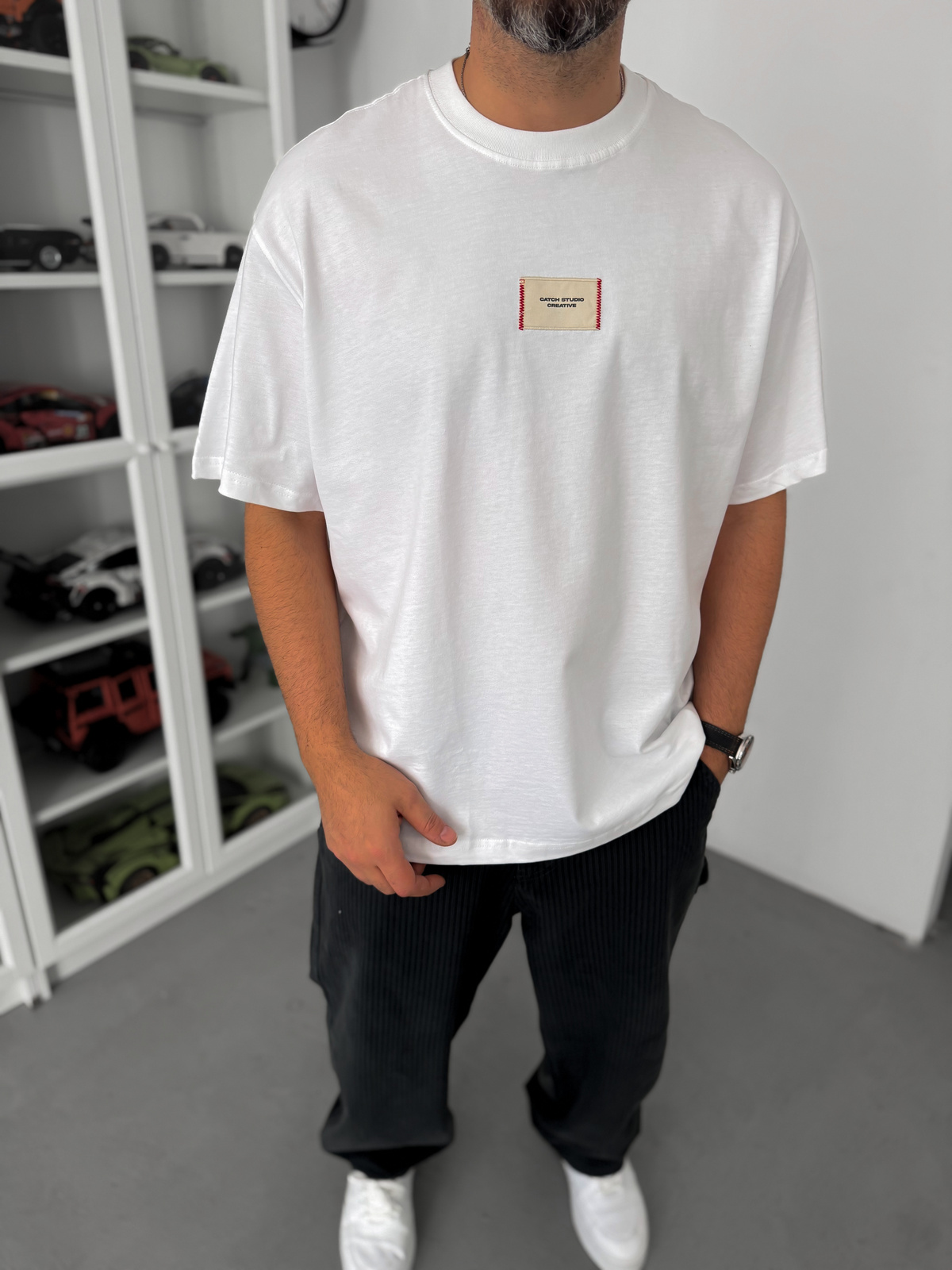Beyaz Hasır Patchli Oversize T-Shirt C-023