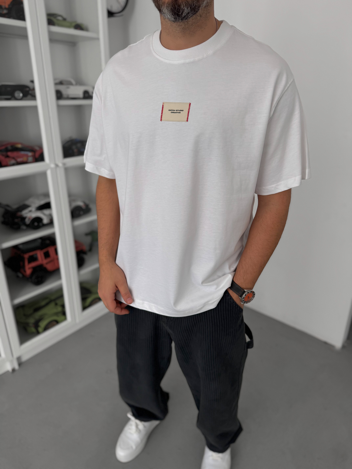 Beyaz Hasır Patchli Oversize T-Shirt C-023