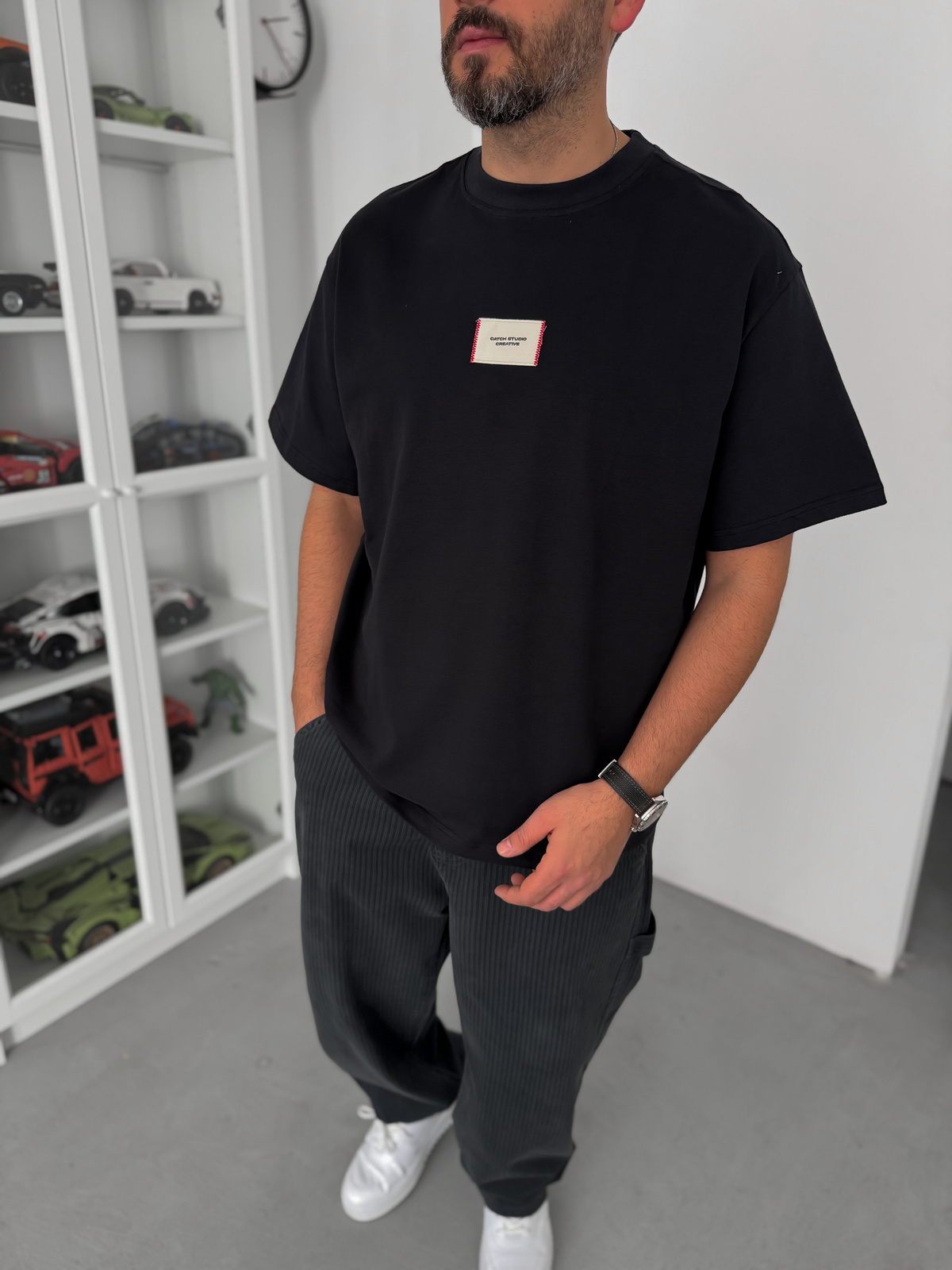 Siyah Hasır Patchli Oversize T-Shirt C-023