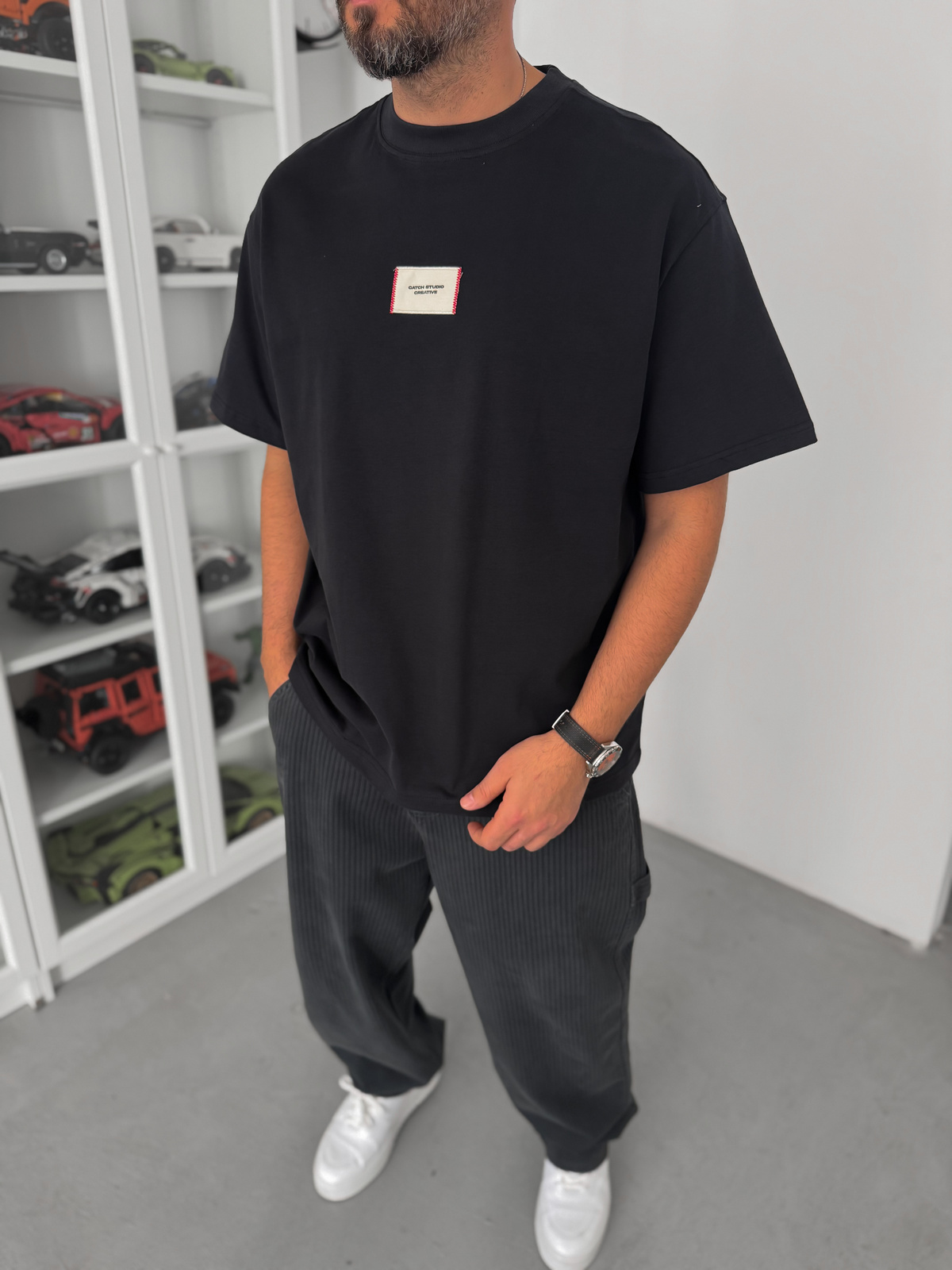 Siyah Hasır Patchli Oversize T-Shirt C-023
