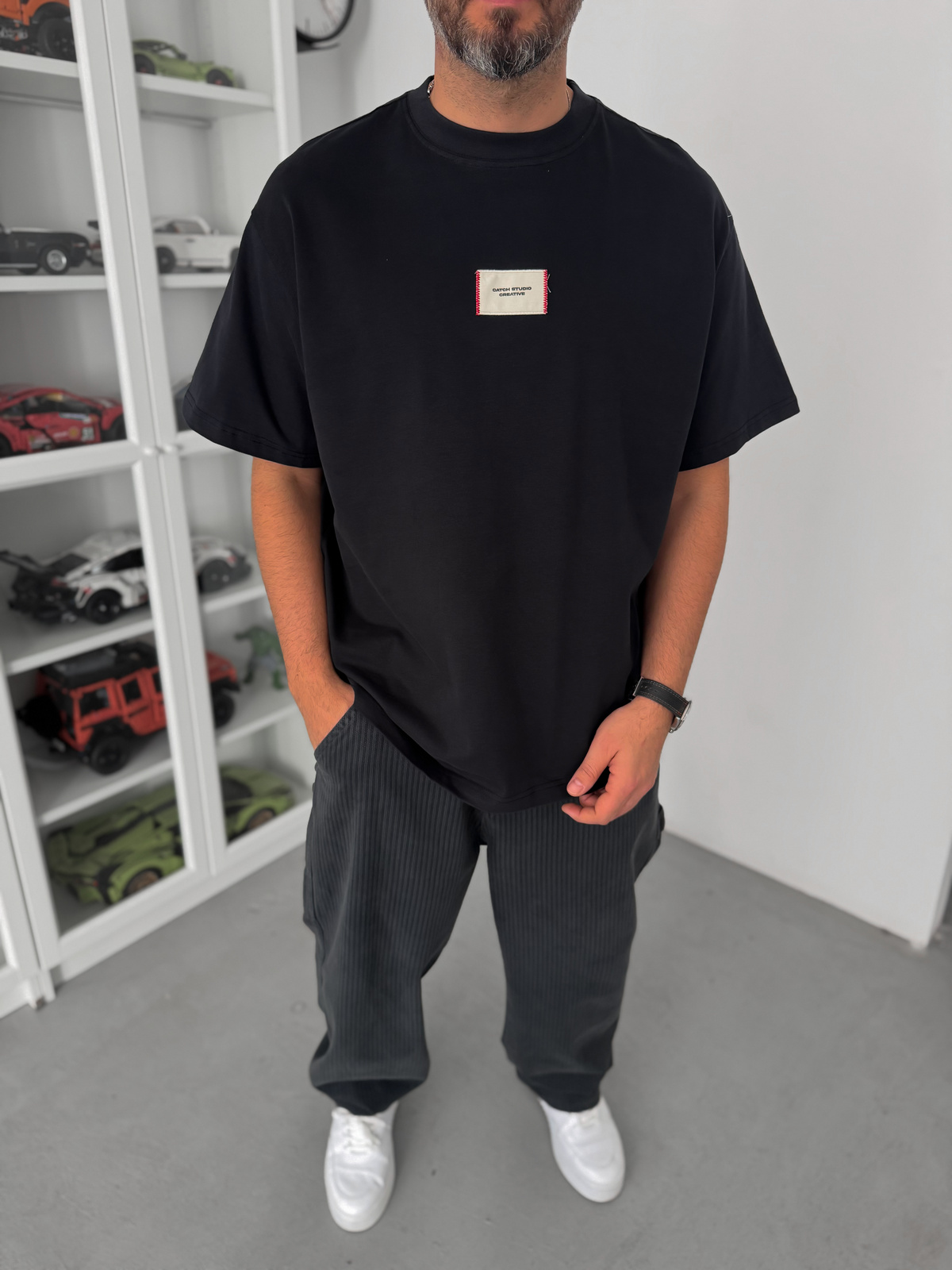 Siyah Hasır Patchli Oversize T-Shirt C-023