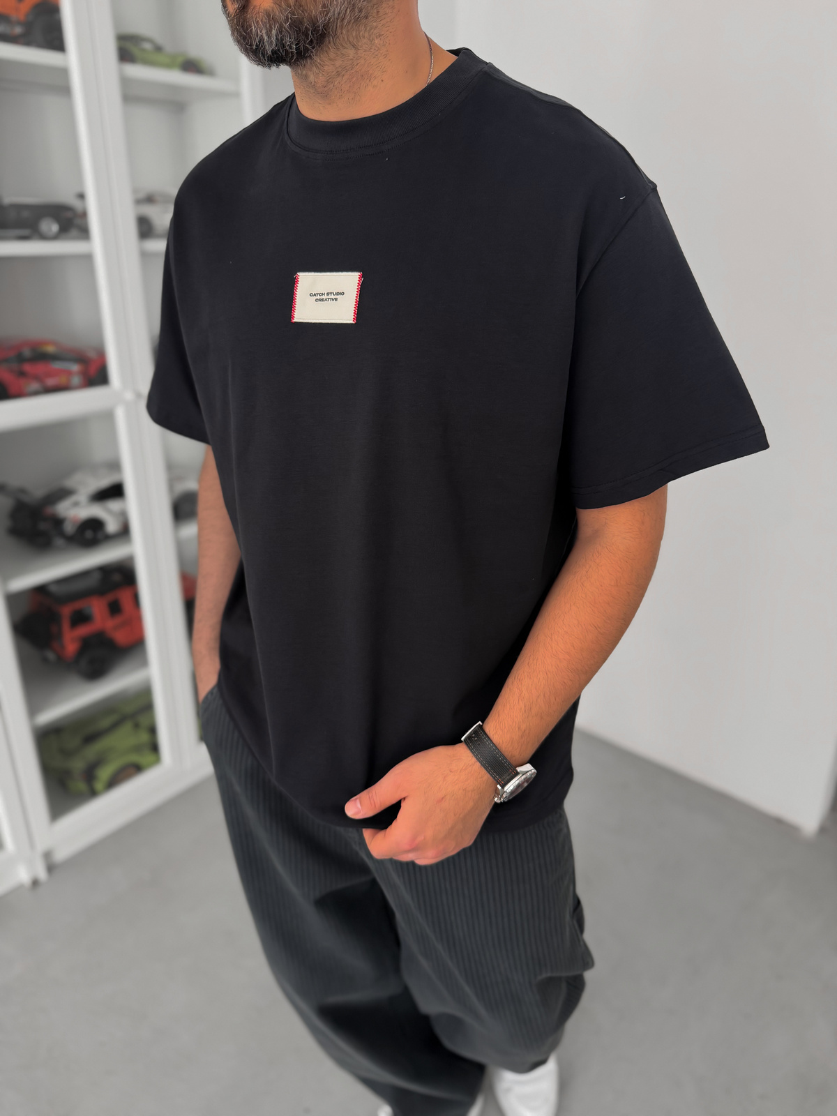Siyah Hasır Patchli Oversize T-Shirt C-023