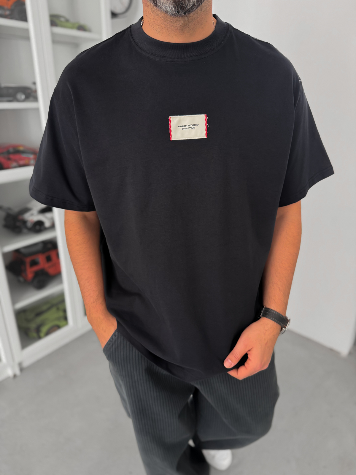 Siyah Hasır Patchli Oversize T-Shirt C-023