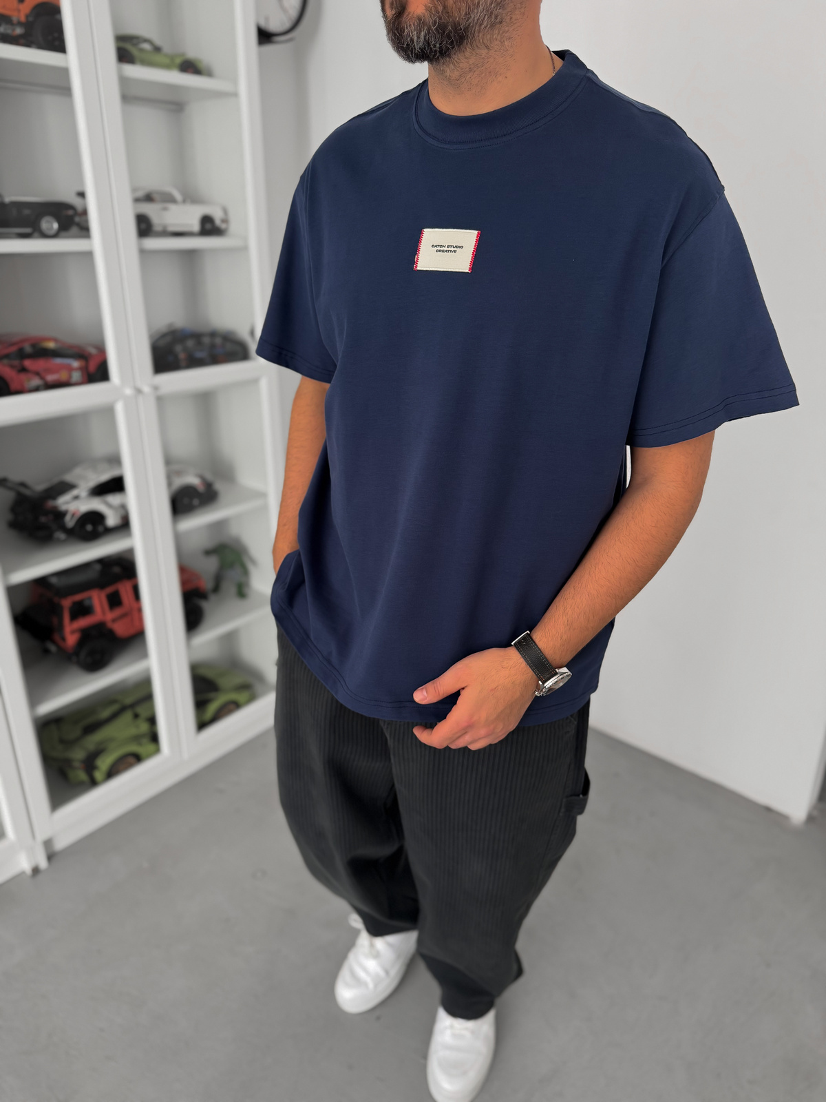 Lacivert Hasır Patchli Oversize T-Shirt C-023