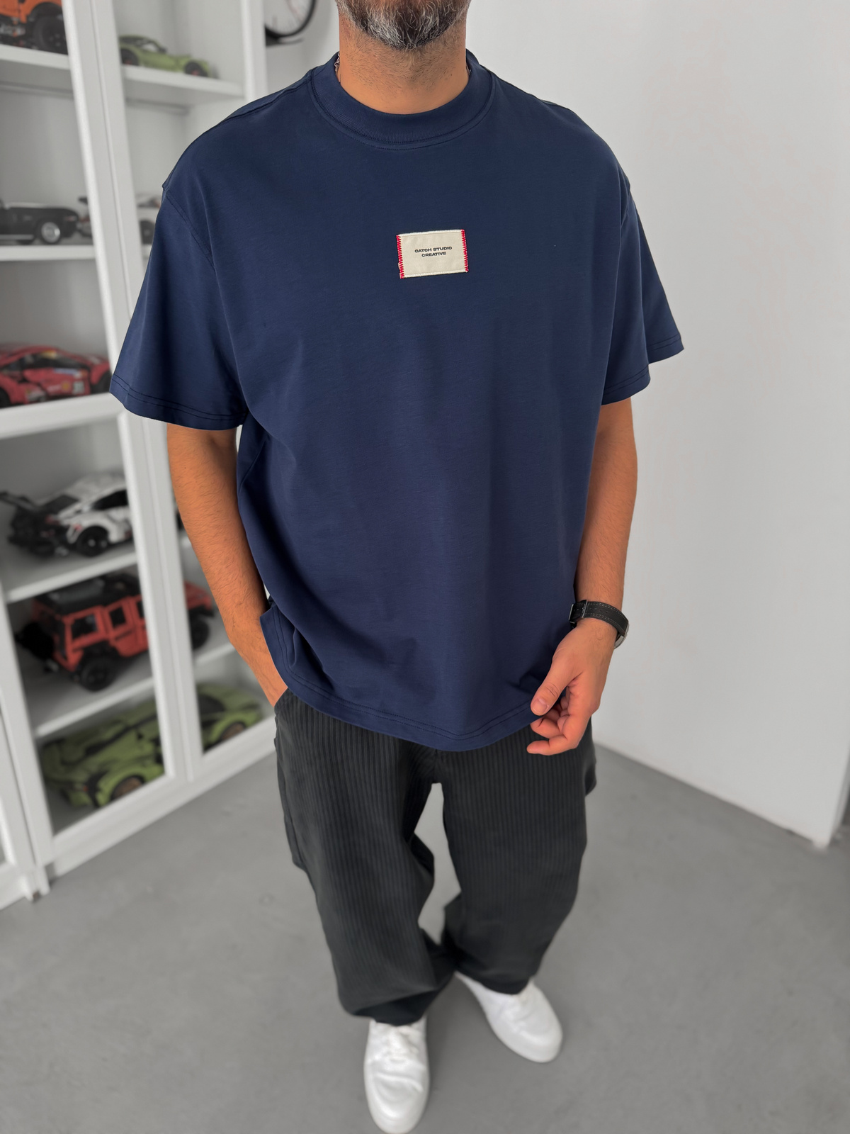Lacivert Hasır Patchli Oversize T-Shirt C-023