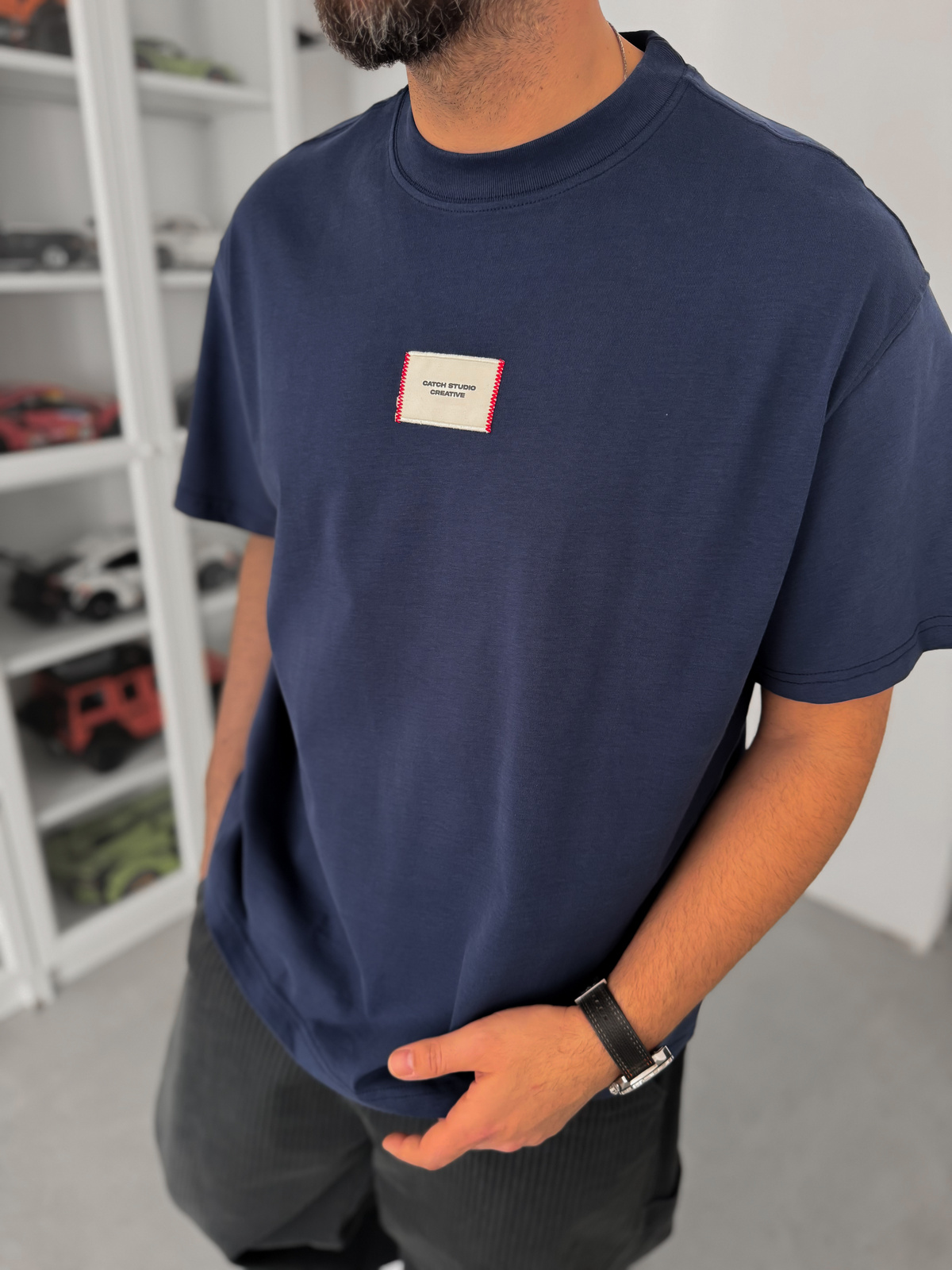 Lacivert Hasır Patchli Oversize T-Shirt C-023