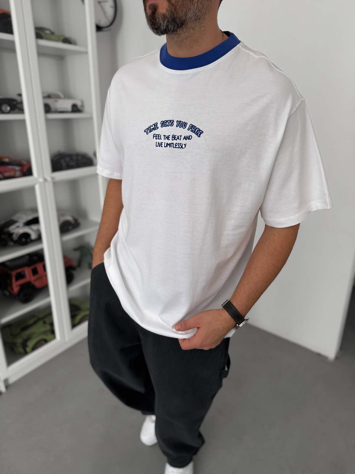 Mavi Yazı Nakışlı Oversize T-Shirt C-028
