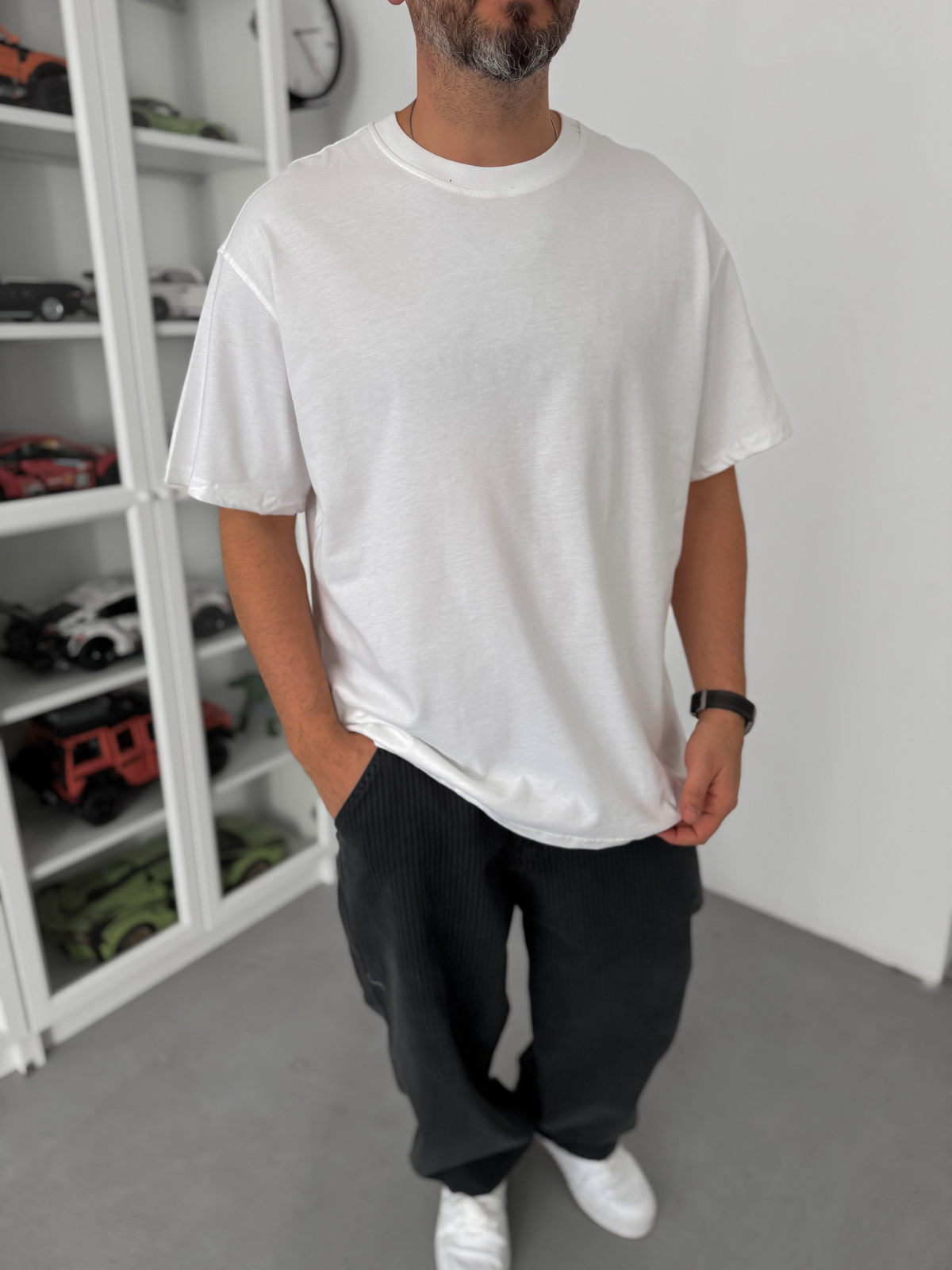 Beyaz Yırtmaçlı Basic Oversize T-Shirt C-007