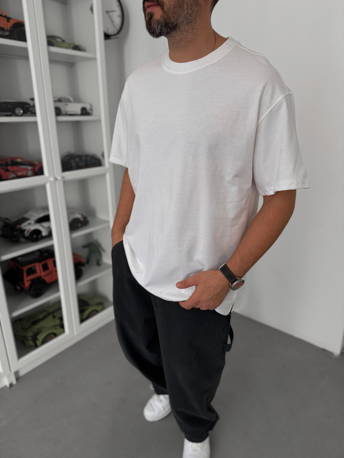 Beyaz Yırtmaçlı Basic Oversize T-Shirt C-007