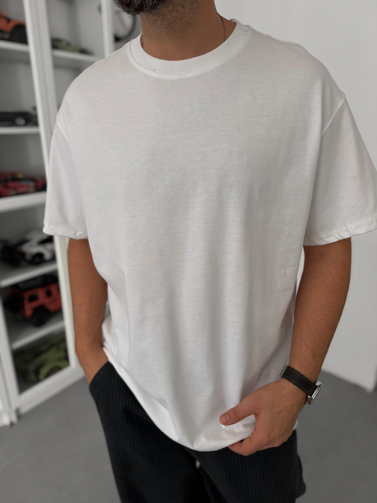Beyaz Yırtmaçlı Basic Oversize T-Shirt C-007