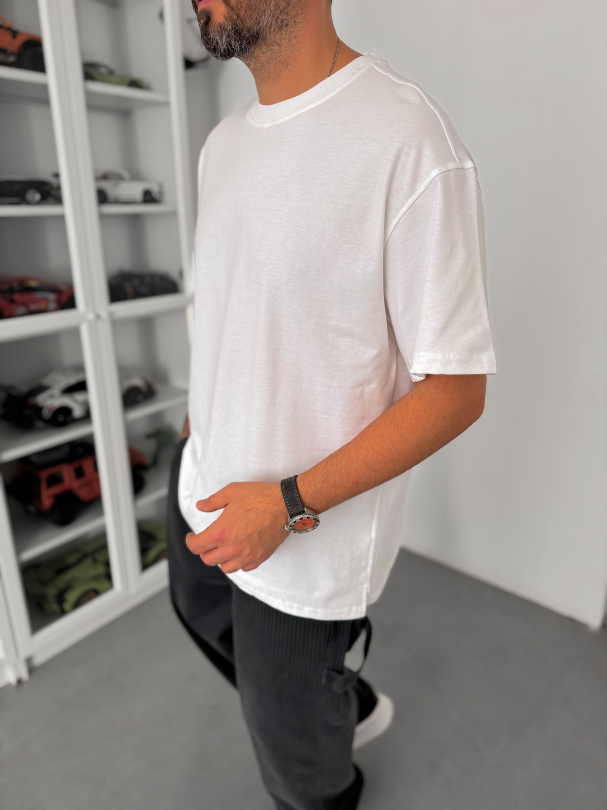 Beyaz Yırtmaçlı Basic Oversize T-Shirt C-007