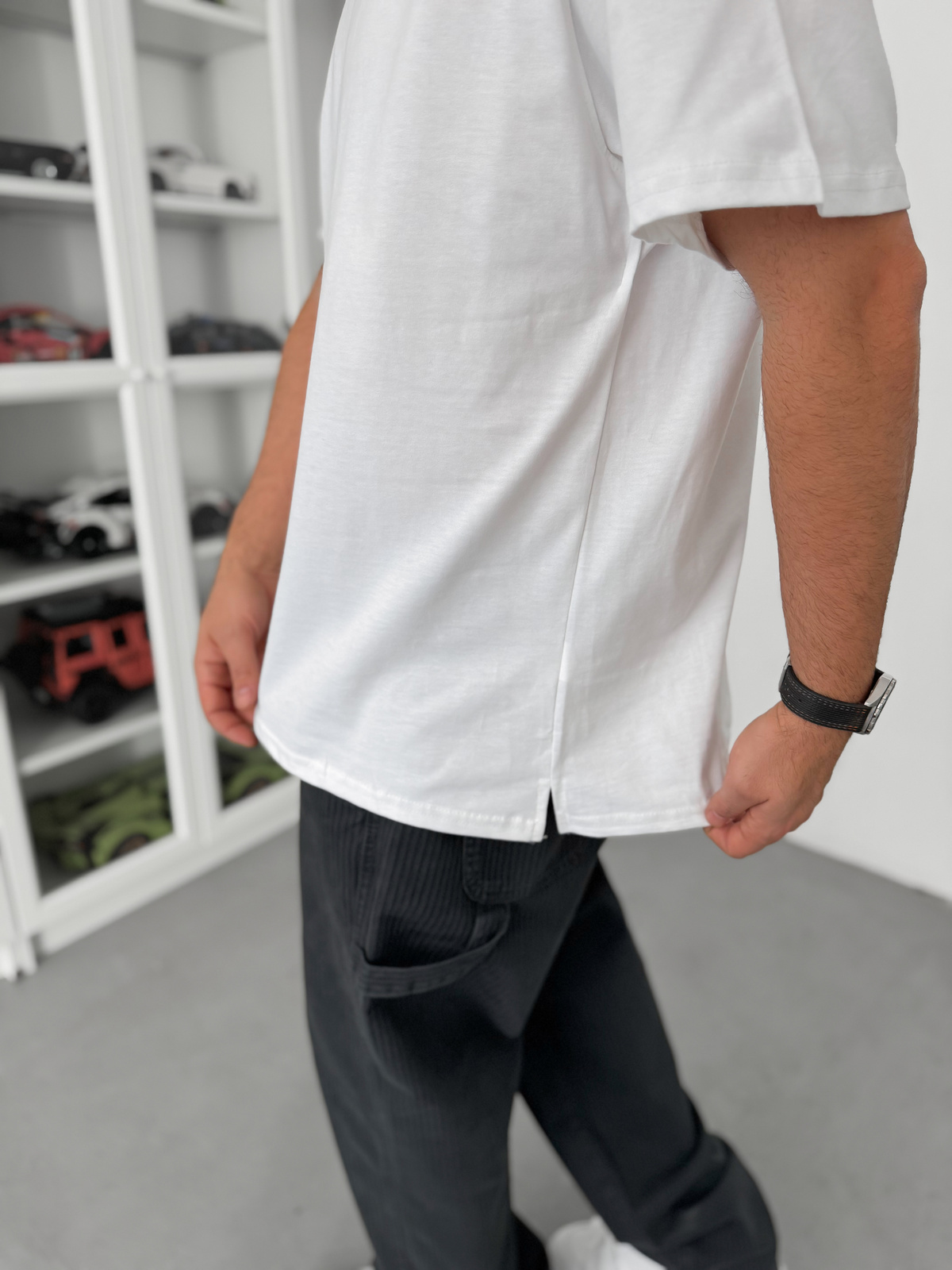 Beyaz Yırtmaçlı Basic Oversize T-Shirt C-007