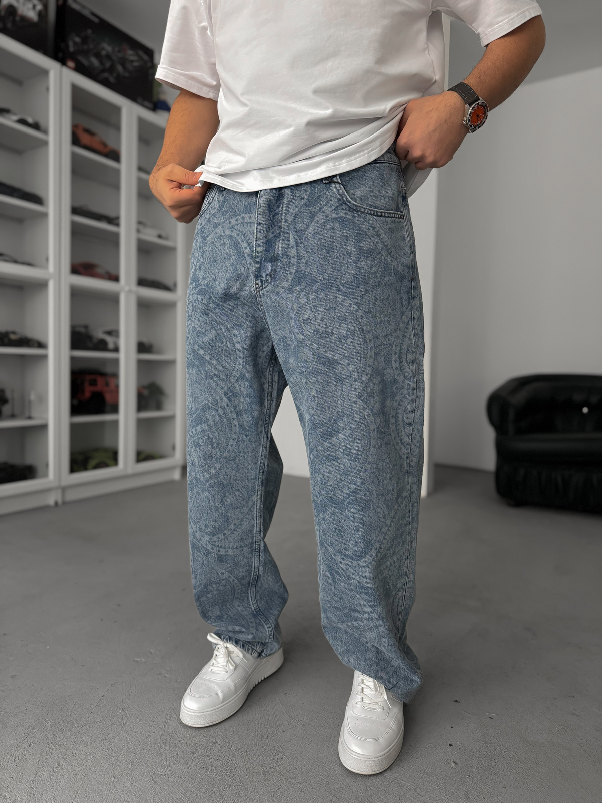 Mavi Desenli Baggy Pantolon C-6596