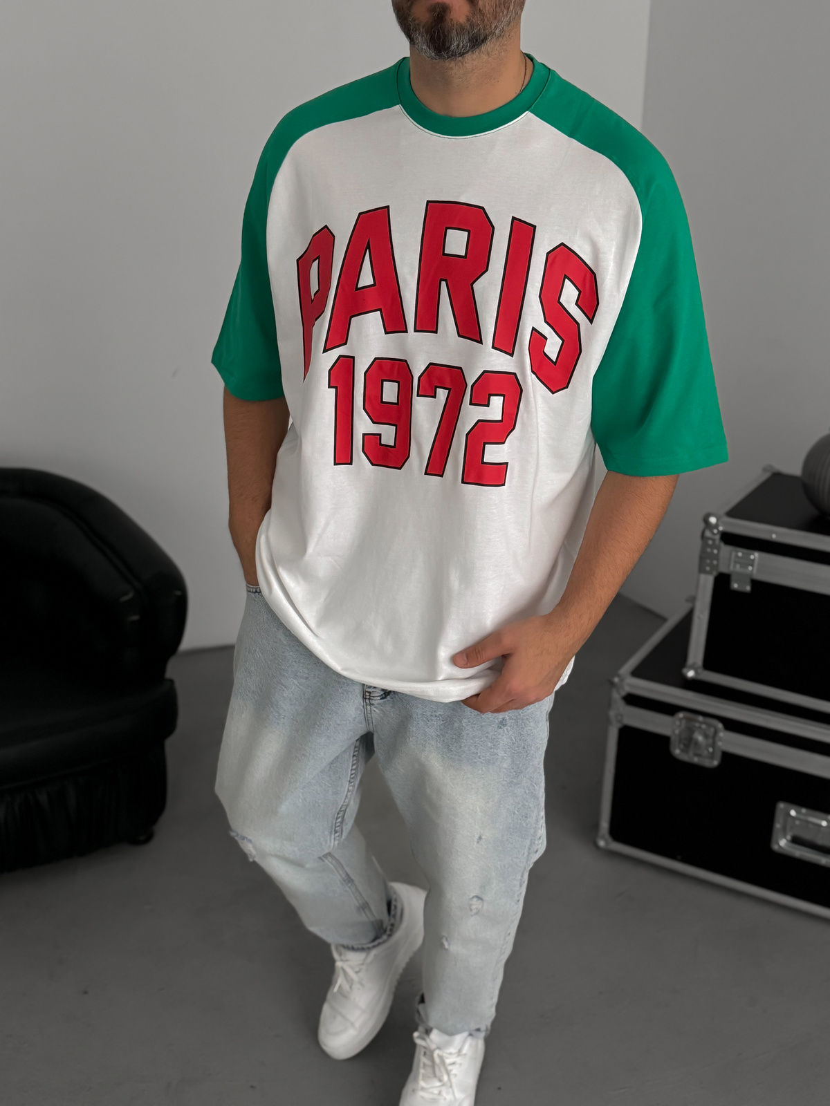 Beyaz Paris Baskılı Oversize T-Shirt JJ-343