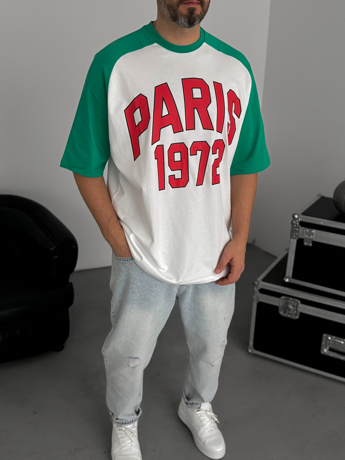 Beyaz Paris Baskılı Oversize T-Shirt JJ-343