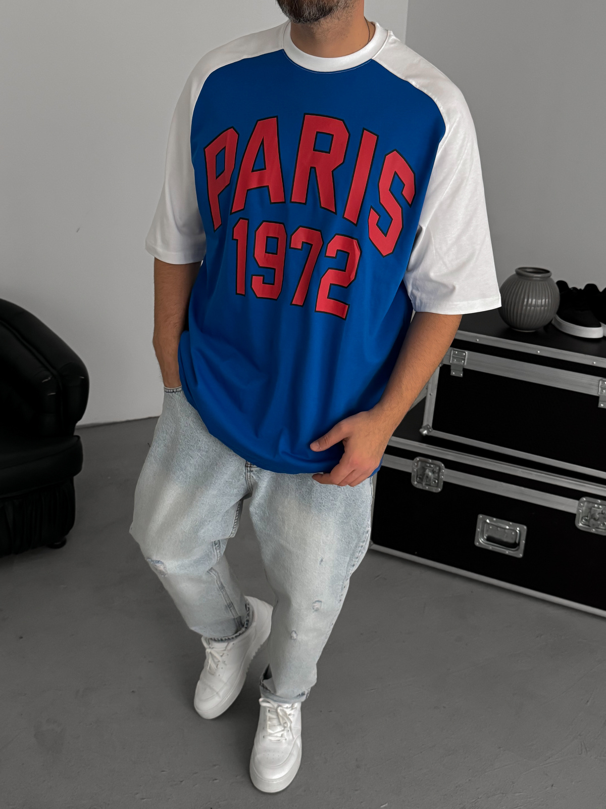 Mavi Paris Baskılı Oversize T-Shirt JJ-343